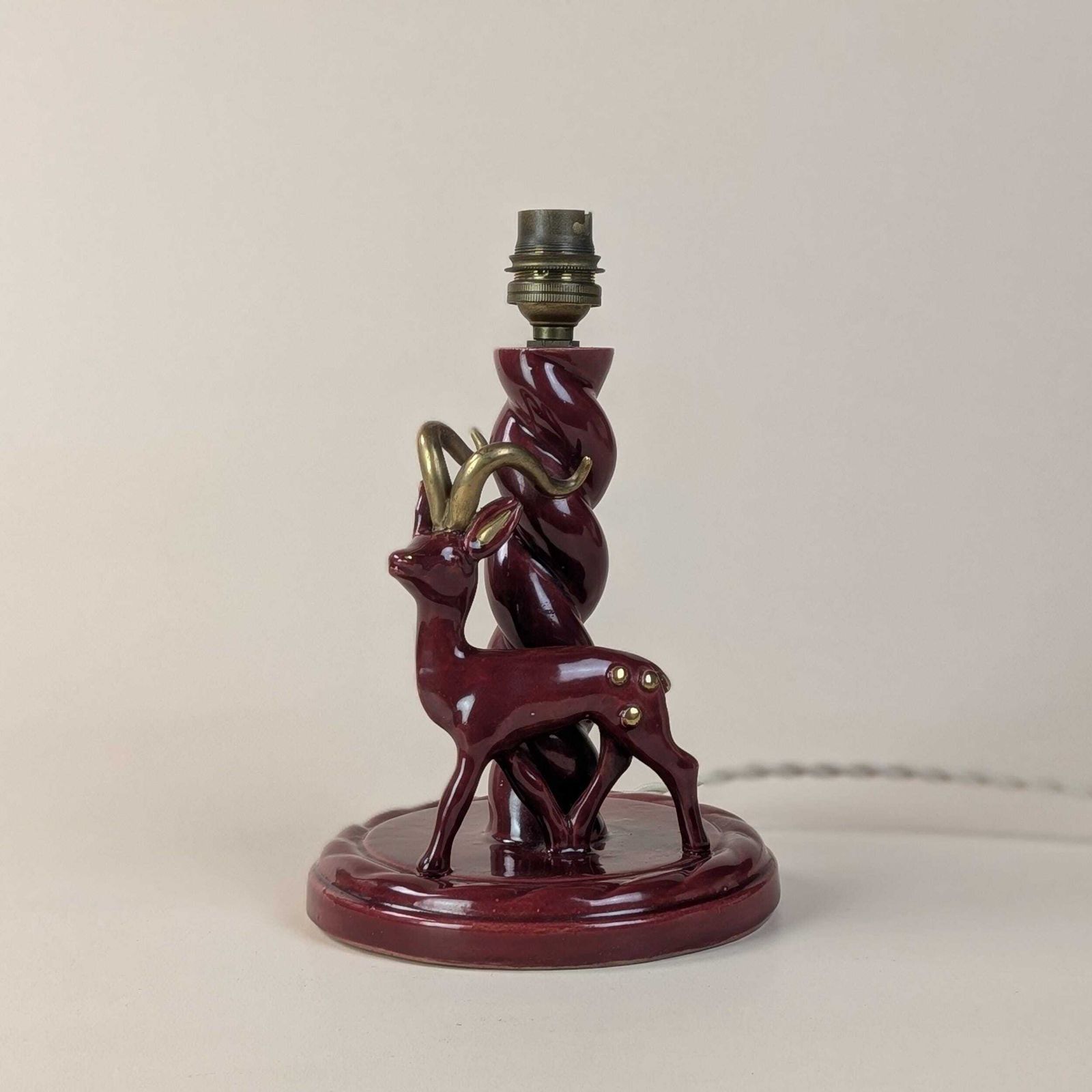 photo for sale French Art Deco Burgundy Ceramic Gazelle Lamp, Gébé Paris Mid Century Table Light With Pleated Shade