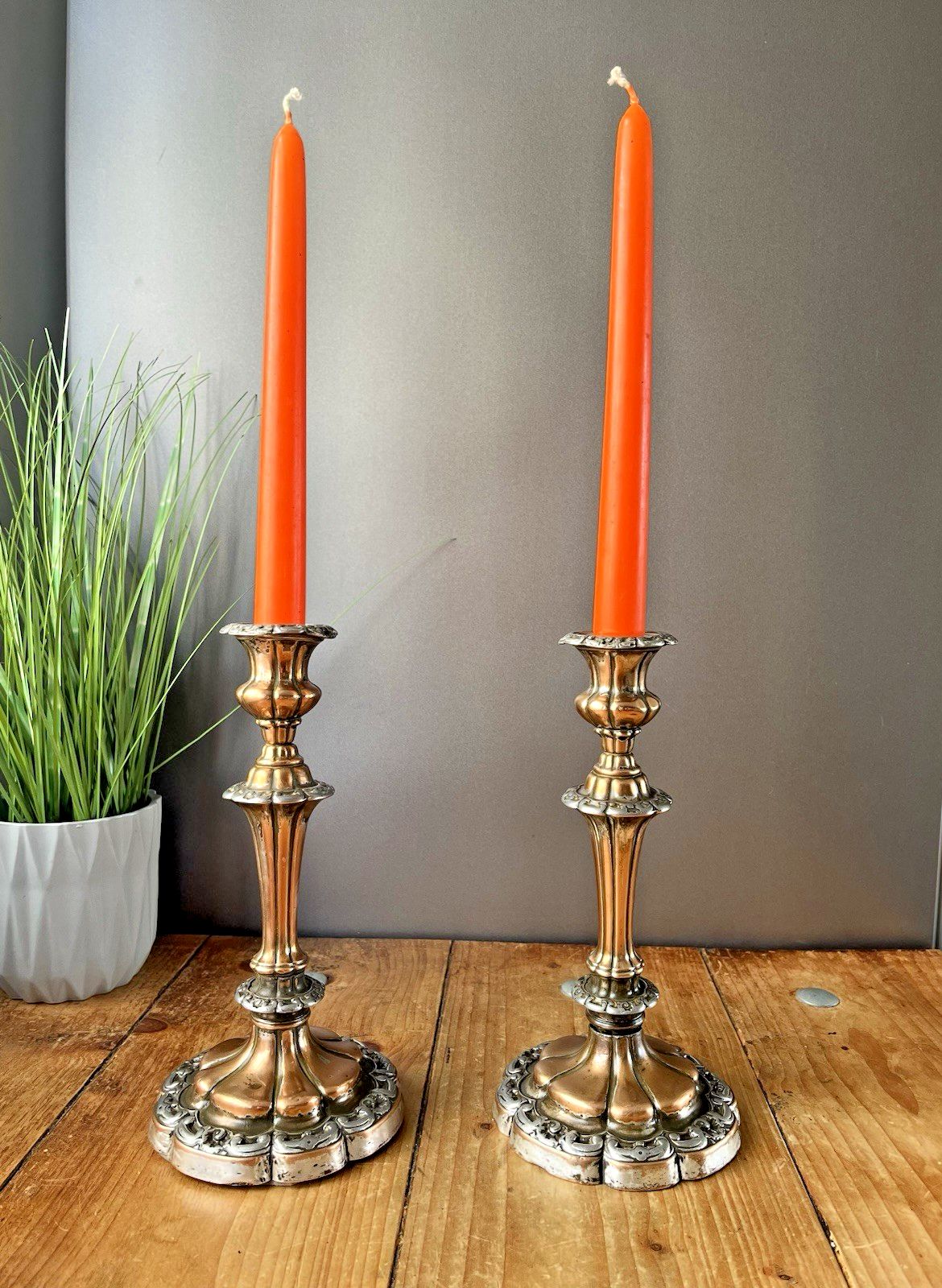 Pair Of Antique French Louis XV Style Rococo Copper & Silver Plated Candlesticks photo furniture