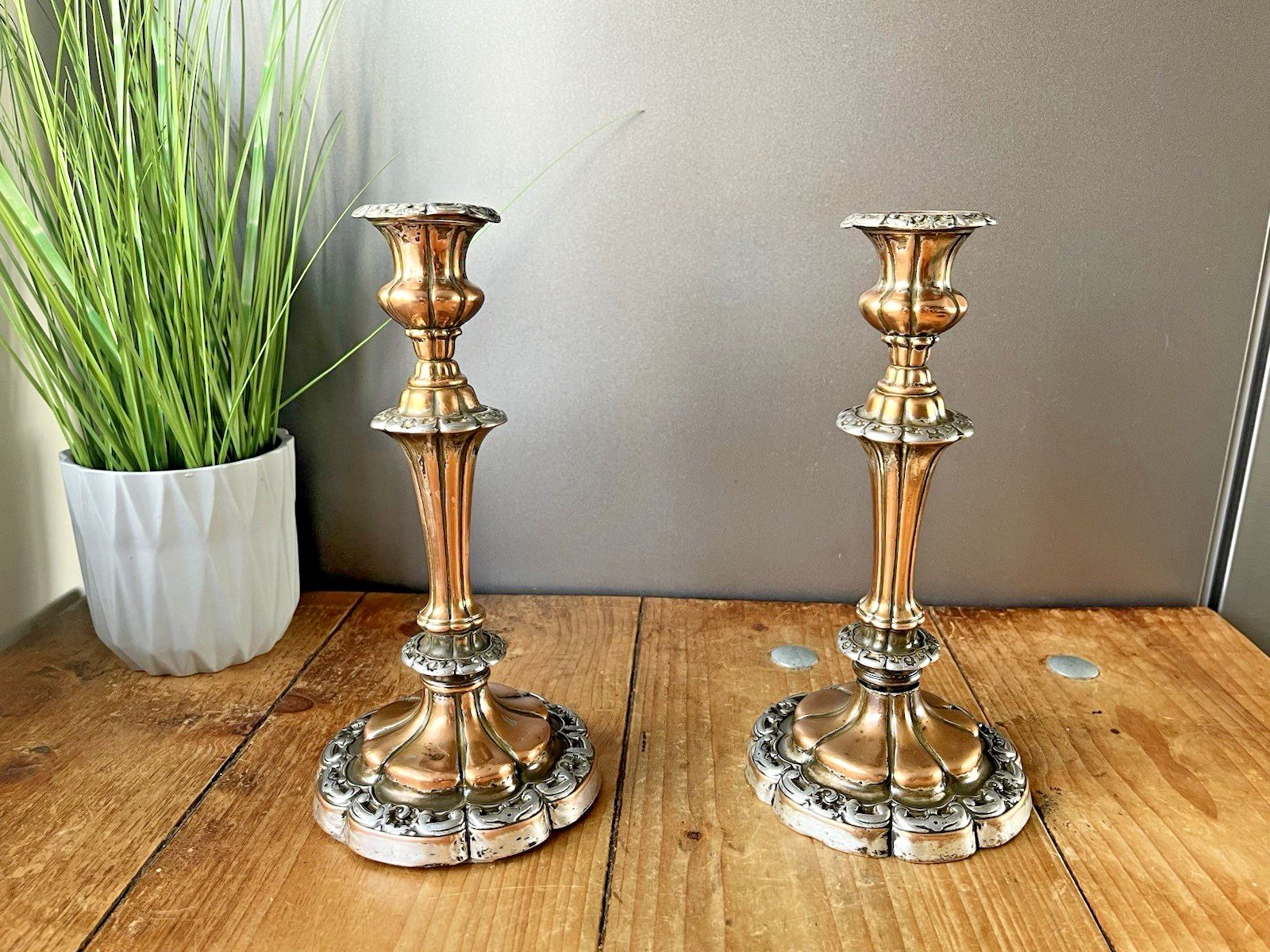 Pair Of Antique French Louis XV Style Rococo Copper & Silver Plated Candlesticks photo Home Decor