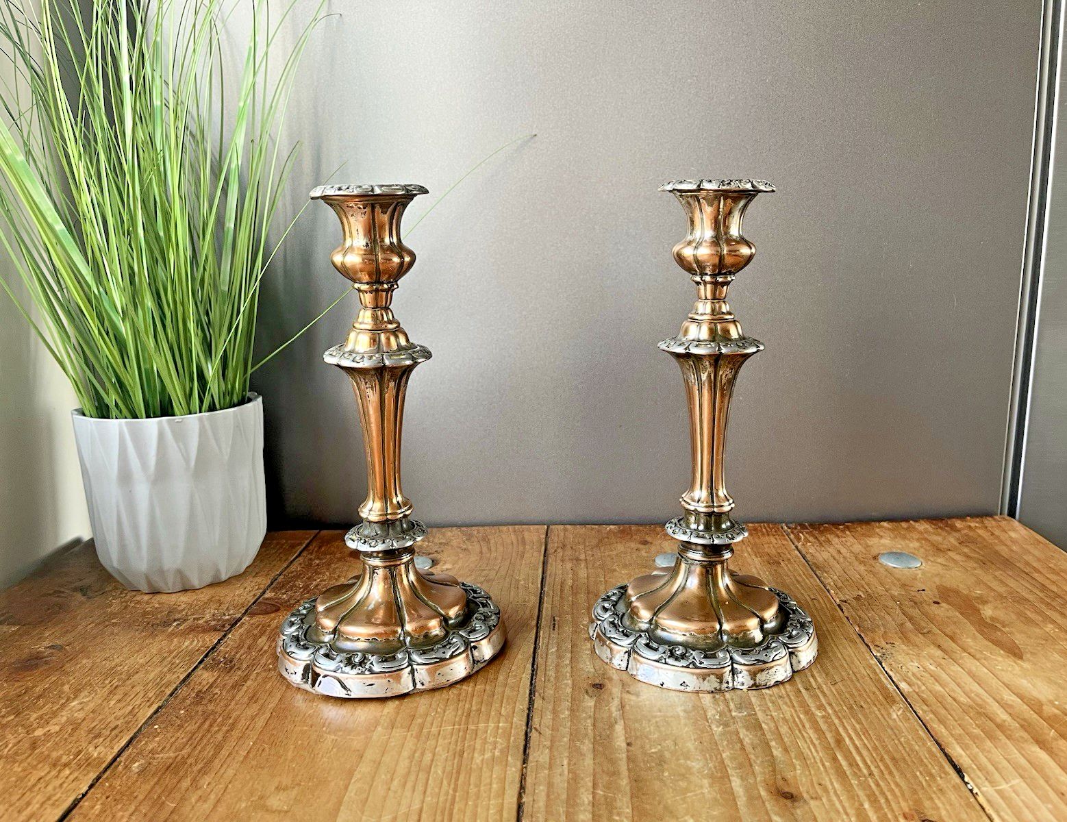Pair Of Antique French Louis XV Style Rococo Copper & Silver Plated Candlesticks photo vinterior