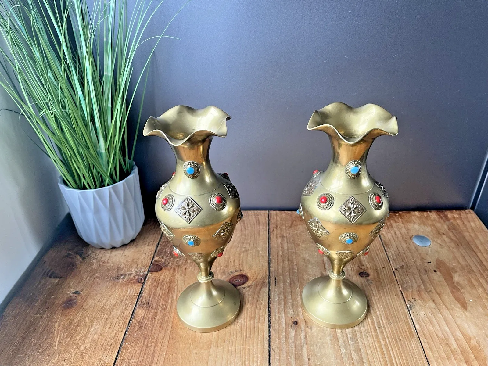 Pair Vintage 10" Indian Brass Cabochon Jewelled Middle Eastern Style Vases 60's photo buy
