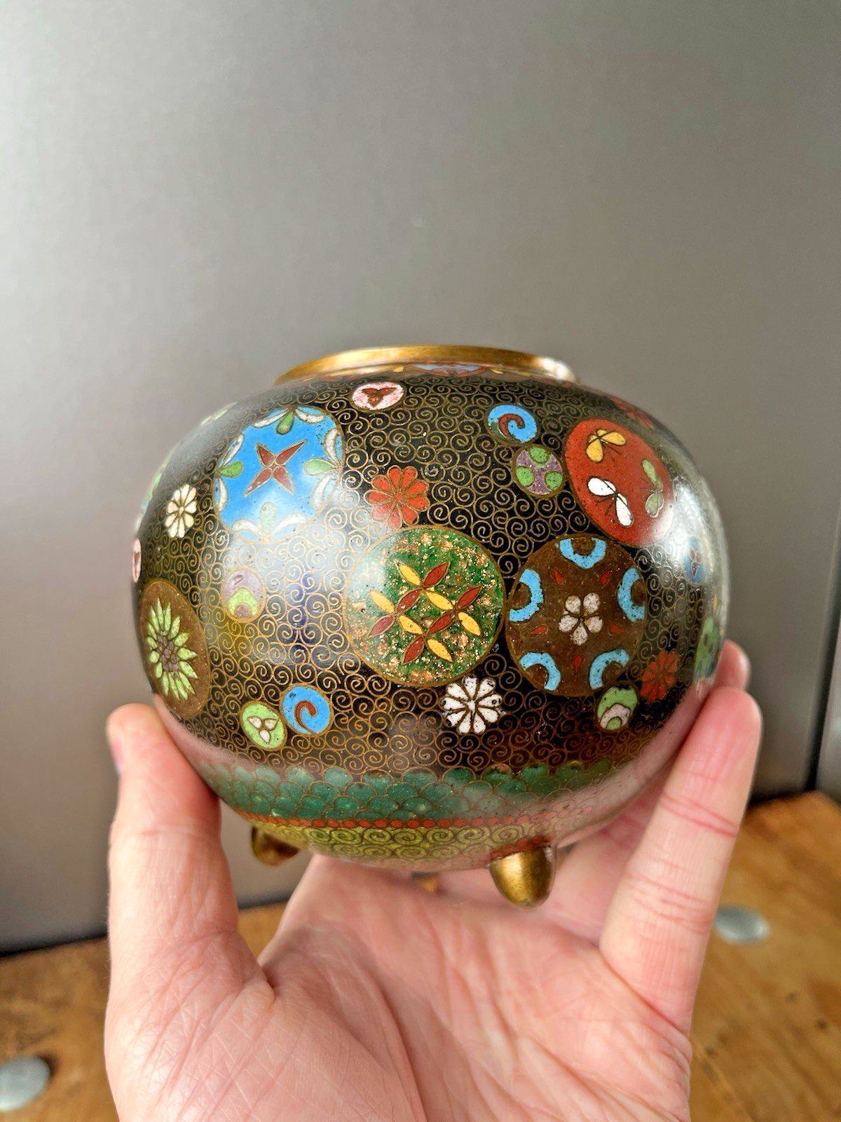 photo for sale Antique Japanese Meiji Period Cloisonne Enamel Floral Lidded Ginger Spice Jar