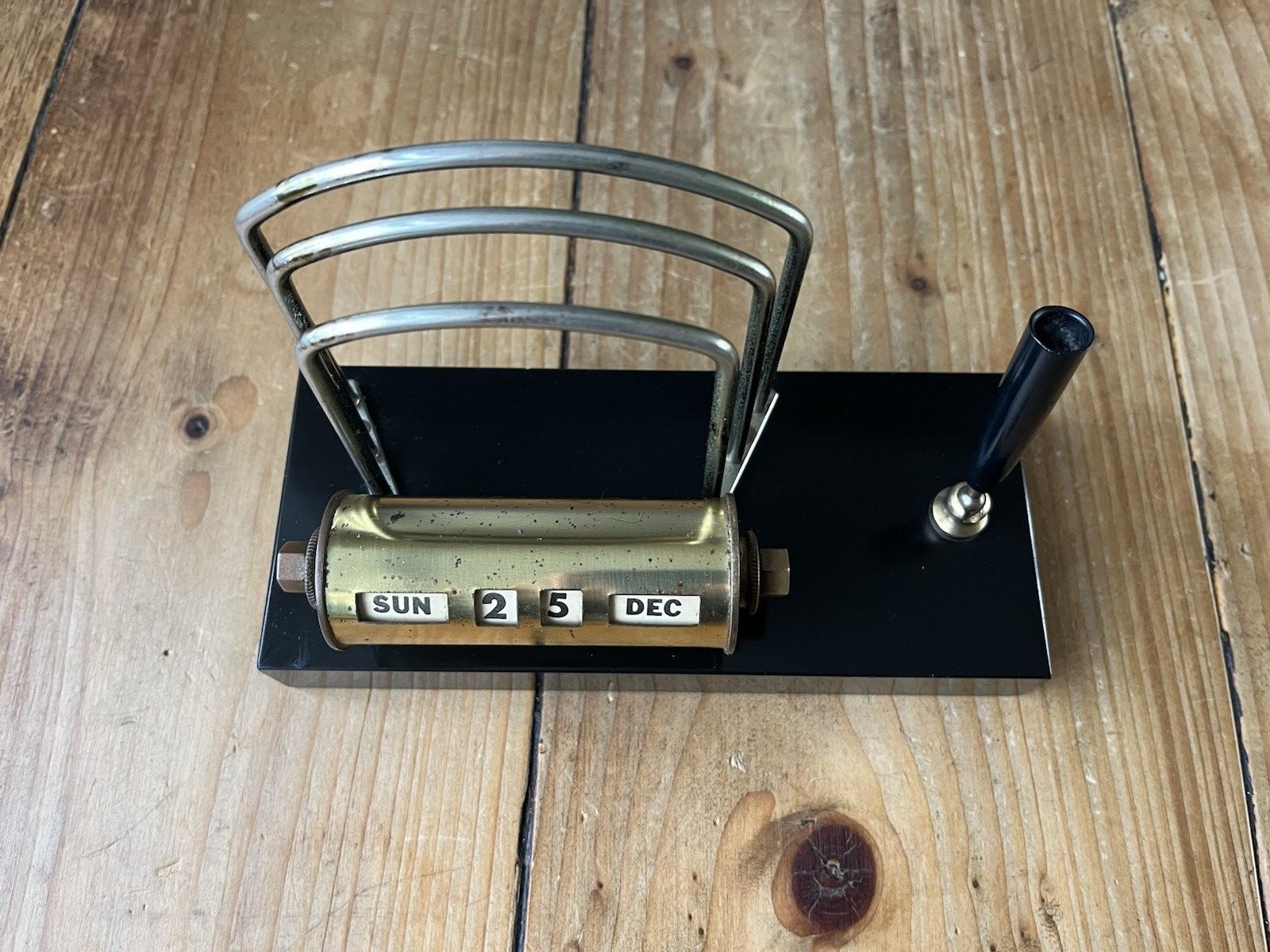 Art Deco Brass Marble Base Perpetual Desk Calendar Letter Rack Pen Holder Office photo buy