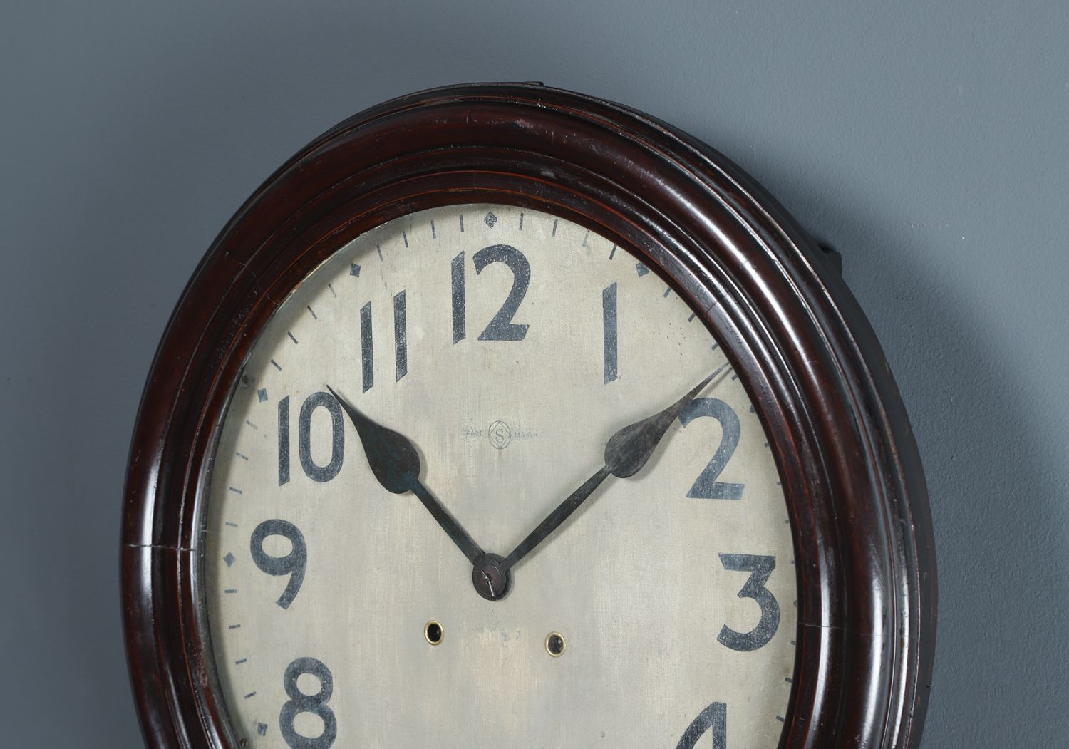 1595.0 Large Antique Japanese 20" Mahogany Trademark Railway Station / School Wall Clock (Chiming / Striking) photo