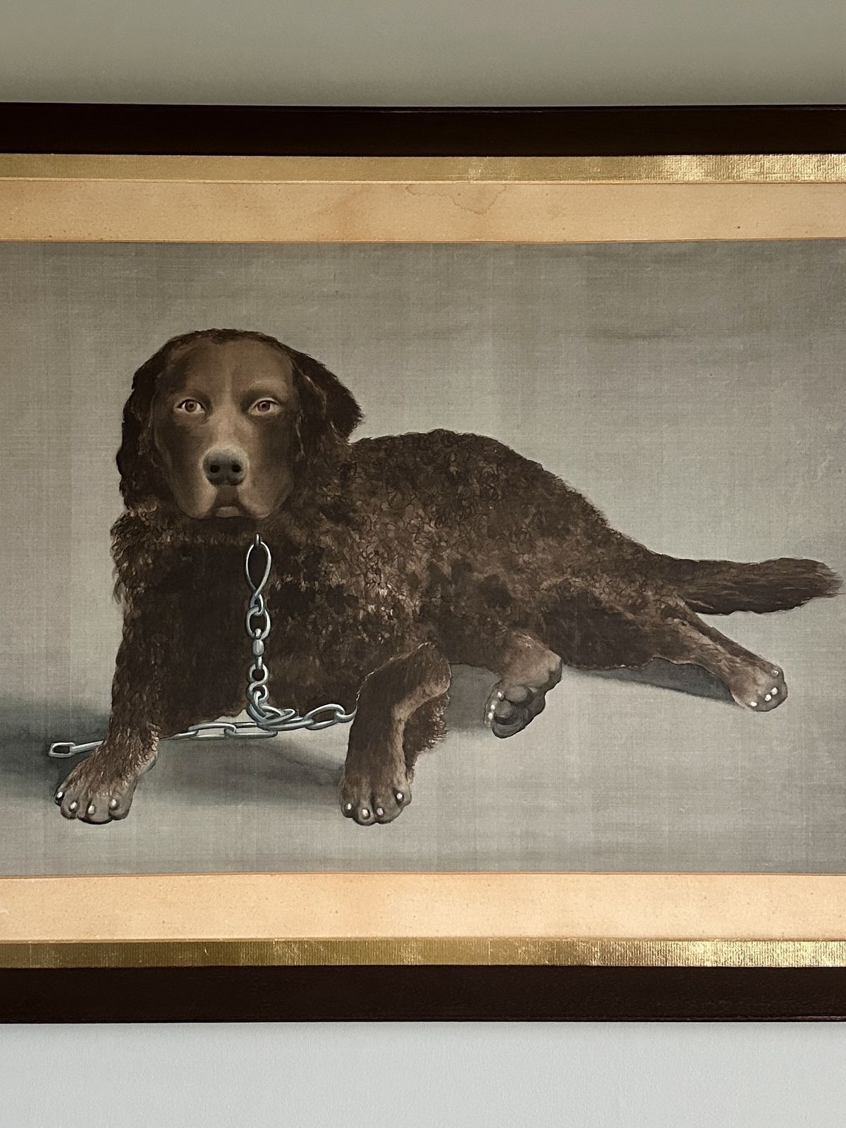 Victorian Portrait Of A Curly Coated Retriever — Paint On Fabric, Circa 1900 photo for sale