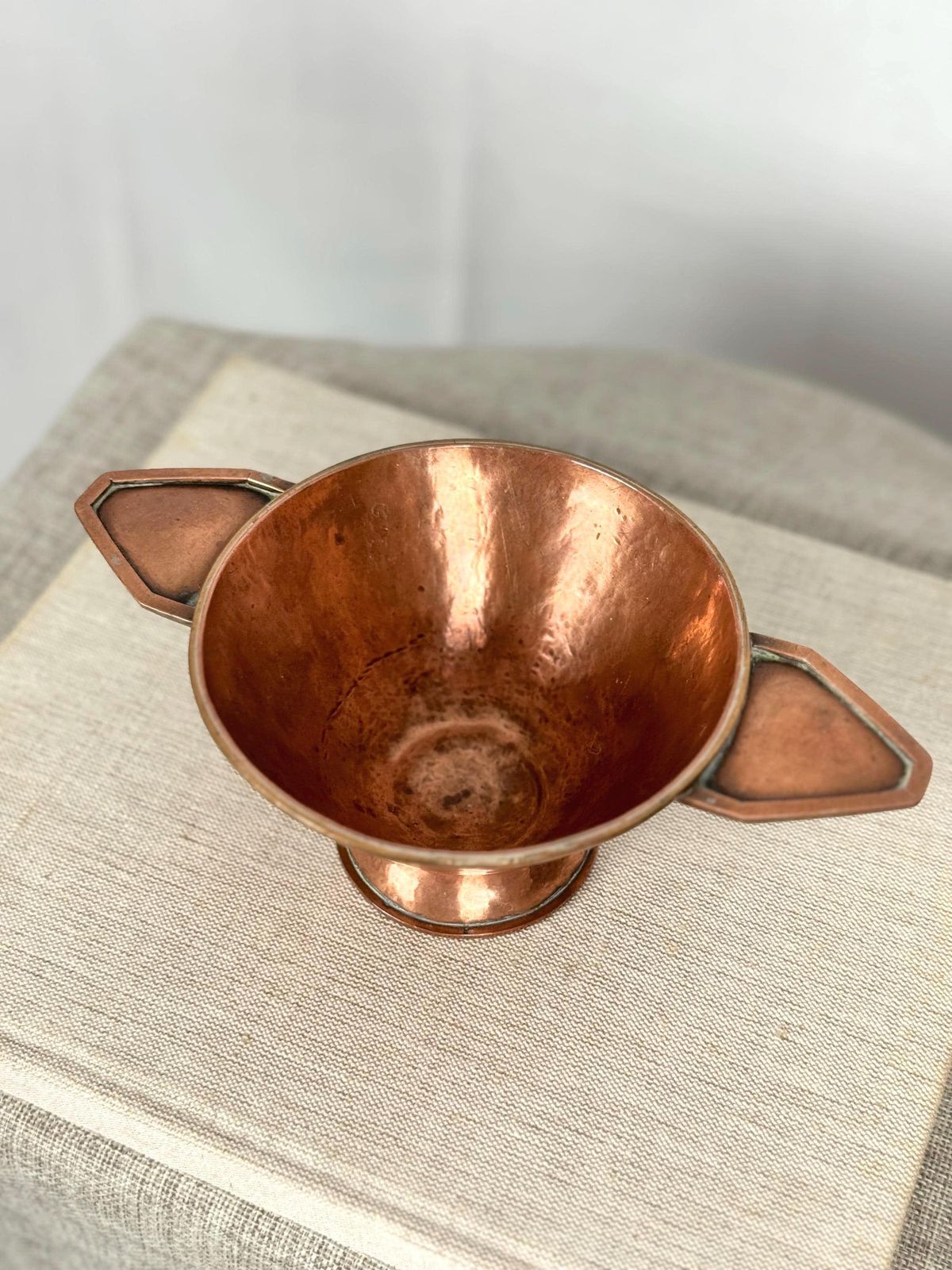 Antique Arts & Crafts Copper Bowl | Hand Hammered Pedestal Bowl With Handles | Early 20th Century Copper Dish photo for sale