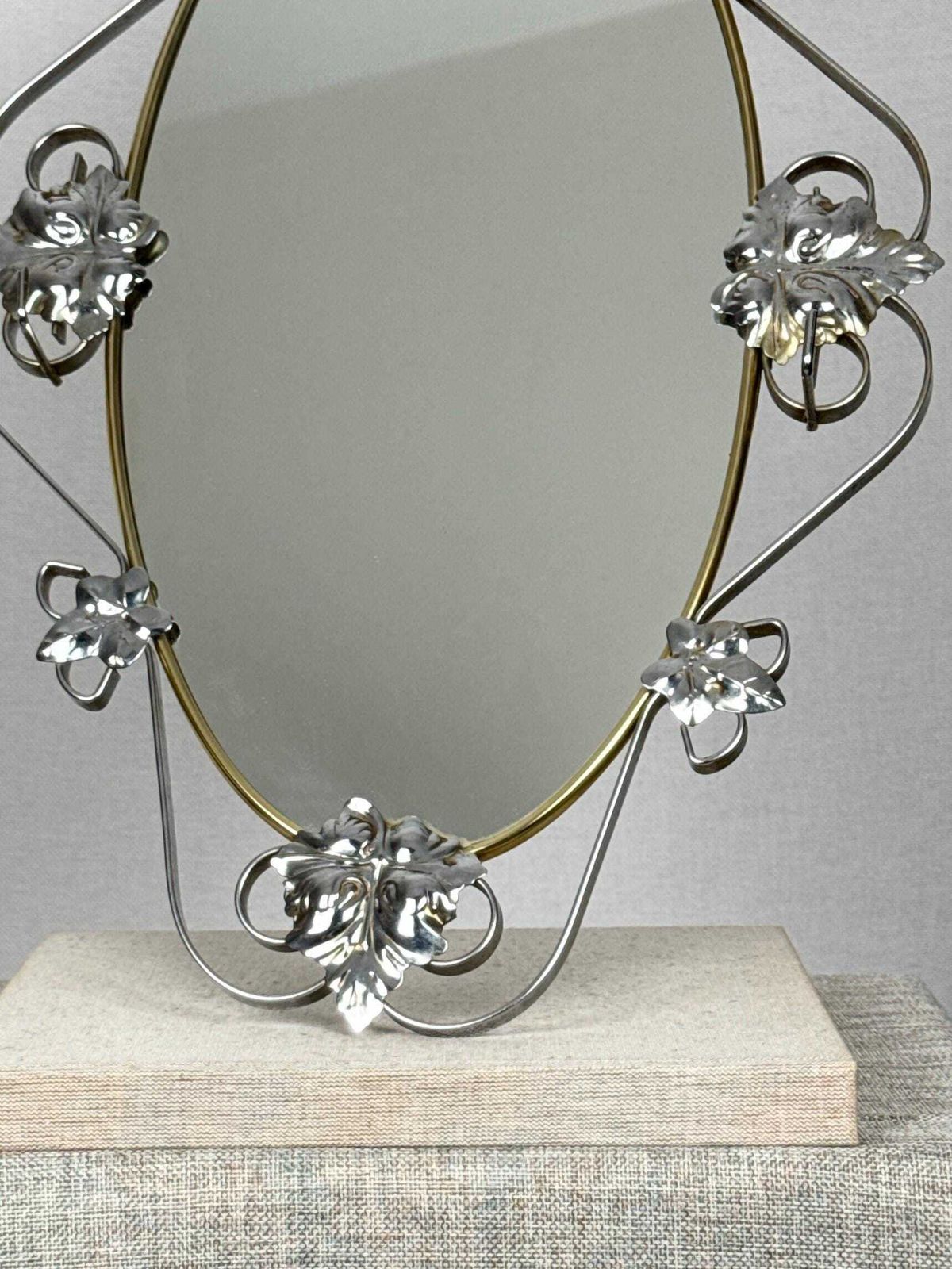 Italian Art Nouveau Mirror With Hooks | European Oval Vanity Mirror | Brass & Chrome Mirror photo furniture