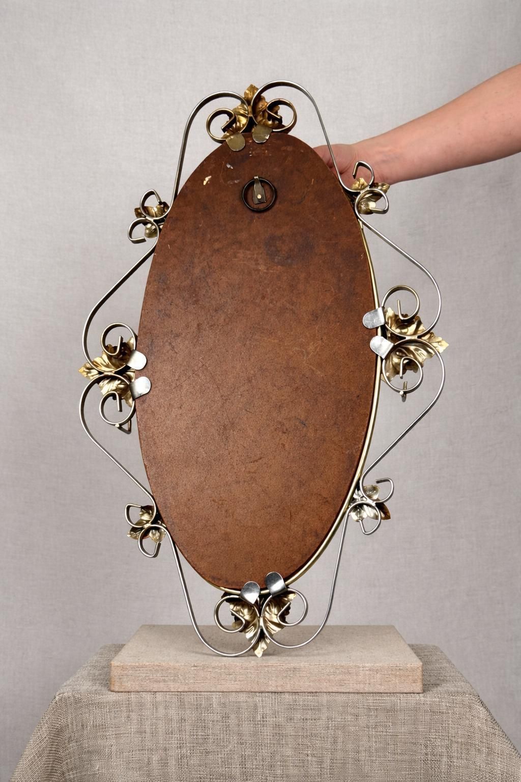 Italian Art Nouveau Mirror With Hooks | European Oval Vanity Mirror | Brass & Chrome Mirror photo Home Decor