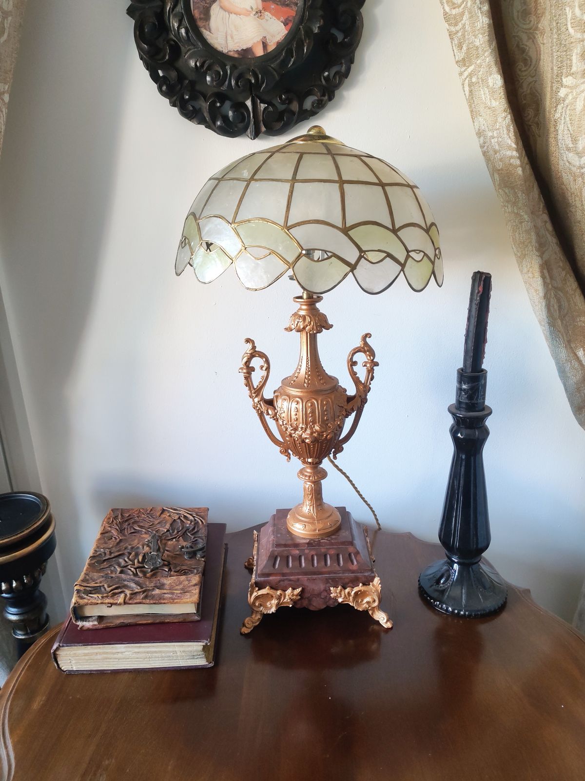 Large 19th Century Louis XVI Revival Table Lamp – Hand Etched Cast Iron & Marble Base With Mother Of Pearl Shade photo furniture