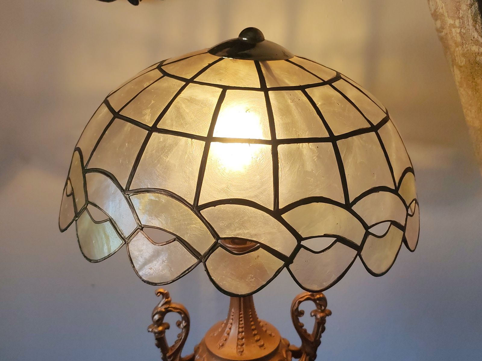 Lighting Large 19th Century Louis XVI Revival Table Lamp – Hand Etched Cast Iron & Marble Base With Mother Of Pearl Shade photo