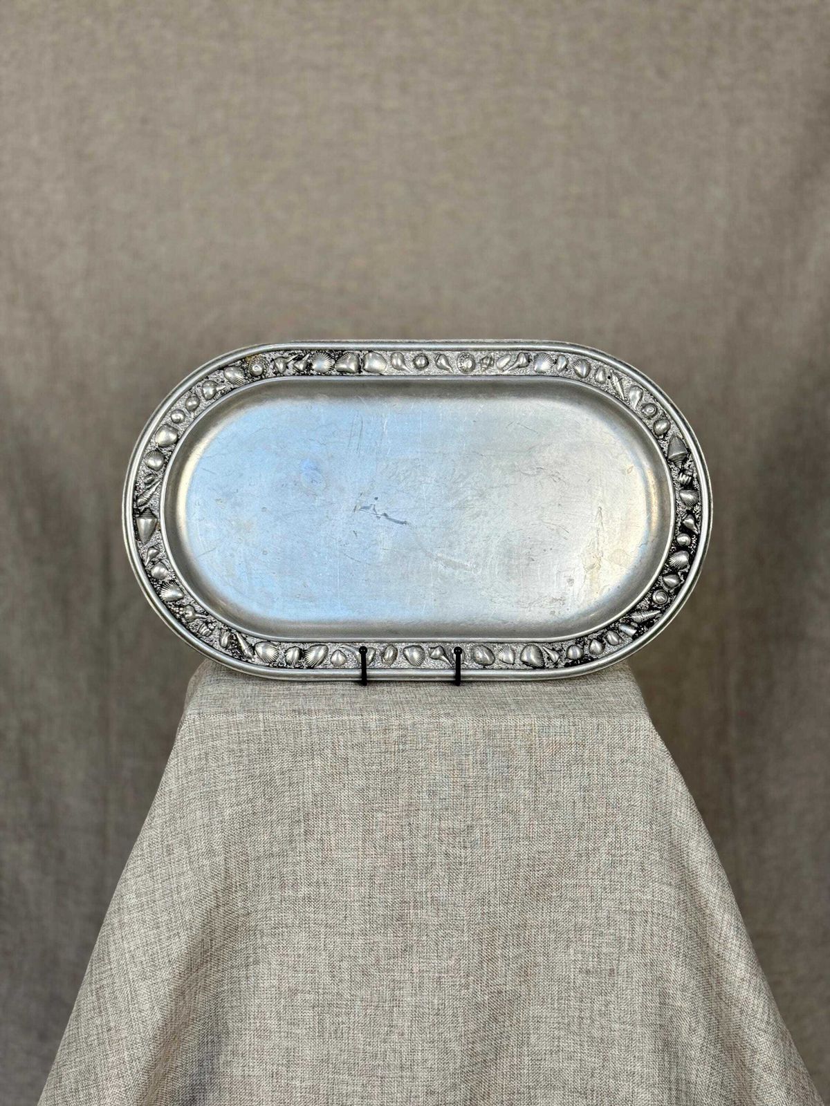 Vintage Pewter Tray | Oval Pewter Dish With Shell Rim | Wilton Armetale Tray | Coastal Decorative Tray photo furniture