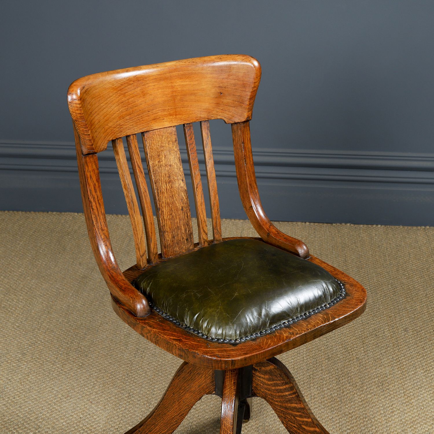 Antique English George V Oak & Green Leather Revolving Office Chair (Circa 1920) photo Furniture