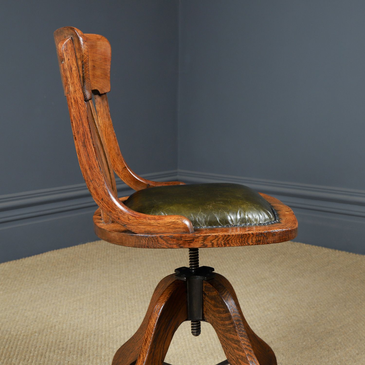 photo buy Antique English George V Oak & Green Leather Revolving Office Chair (Circa 1920)