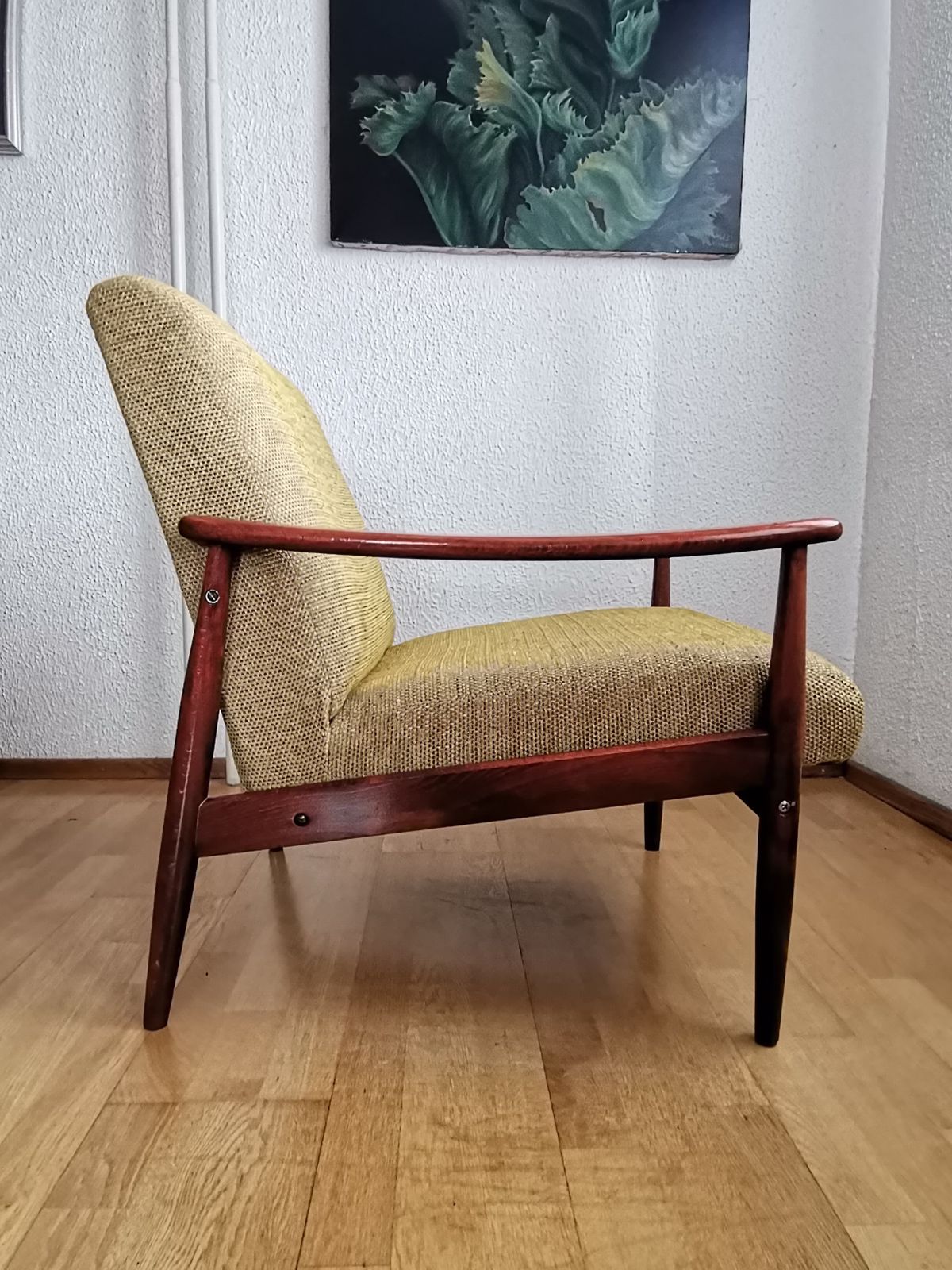 1 Of 3 Yellow Armchairs With Varnished Wood / Upholstered Lounge Chair From 70s Yugoslavia photo 500.0