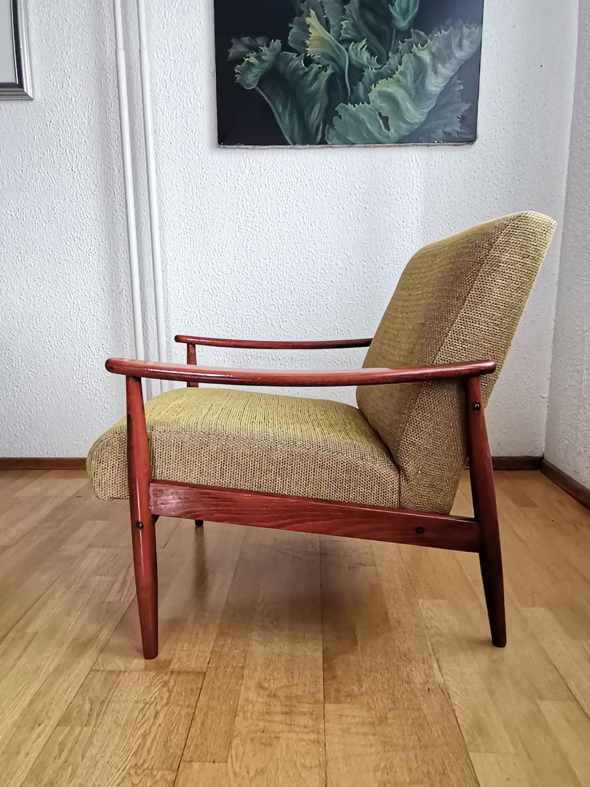 1 Of 3 Yellow Armchairs With Varnished Wood / Upholstered Lounge Chair From 70s Yugoslavia photo vinterior