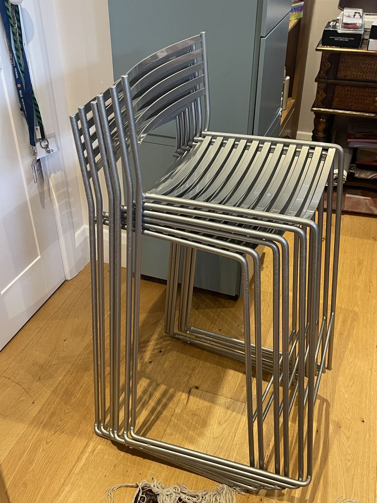 Stylish Italian Brushed Steel Stacking Cocktail Chairs Set Of Six