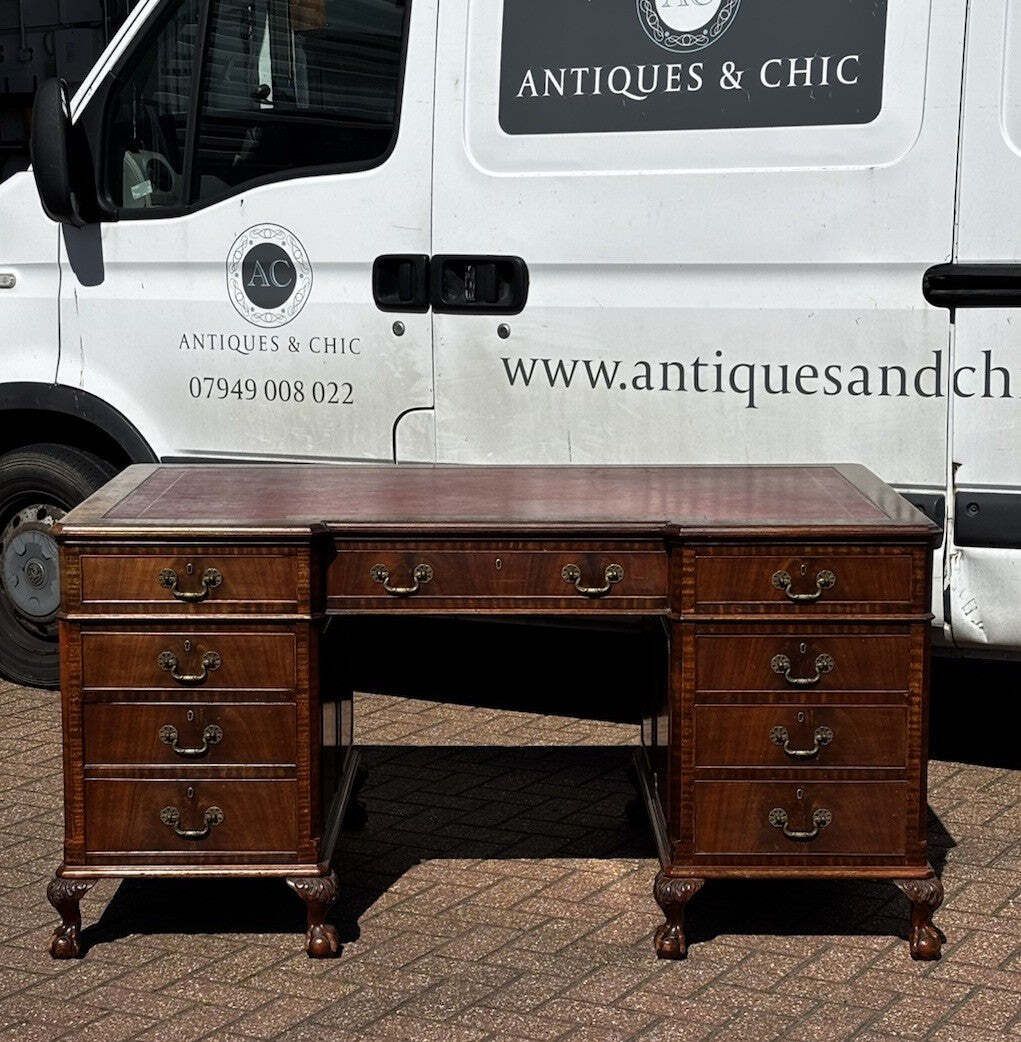 Large Mahogany Twin Pedestal Desk, Splits Into 3 Pieces For Easy Transportation photo for sale