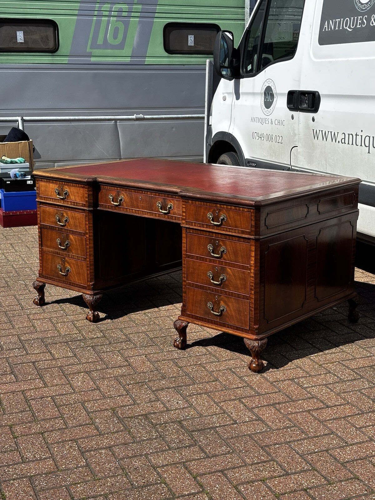 Large Mahogany Twin Pedestal Desk, Splits Into 3 Pieces For Easy Transportation photo vintage