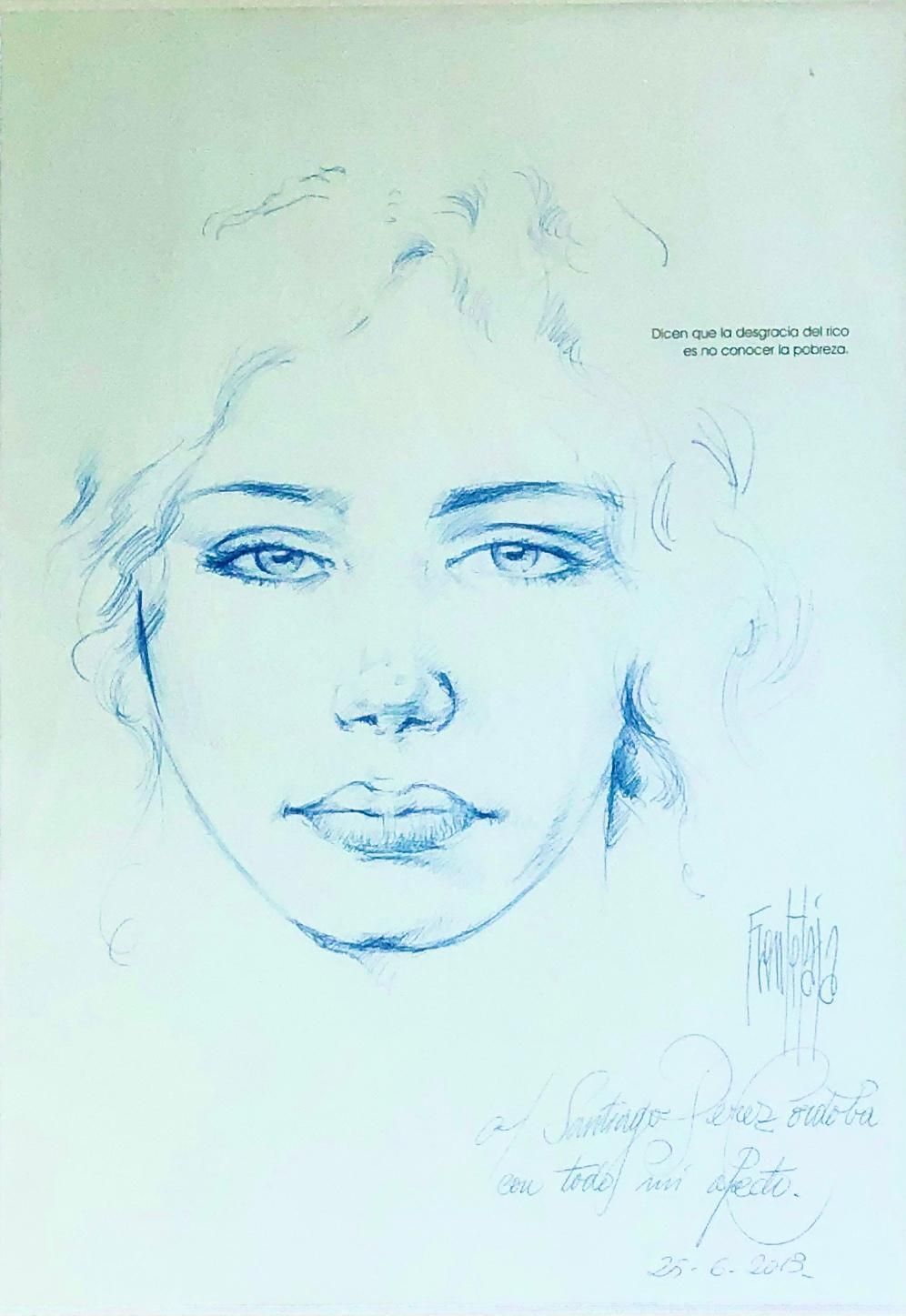 José Luis Fuentetaja Female Portrait Ballpoint Drawing Framed Contemporary Spanish Figurative Art 2013