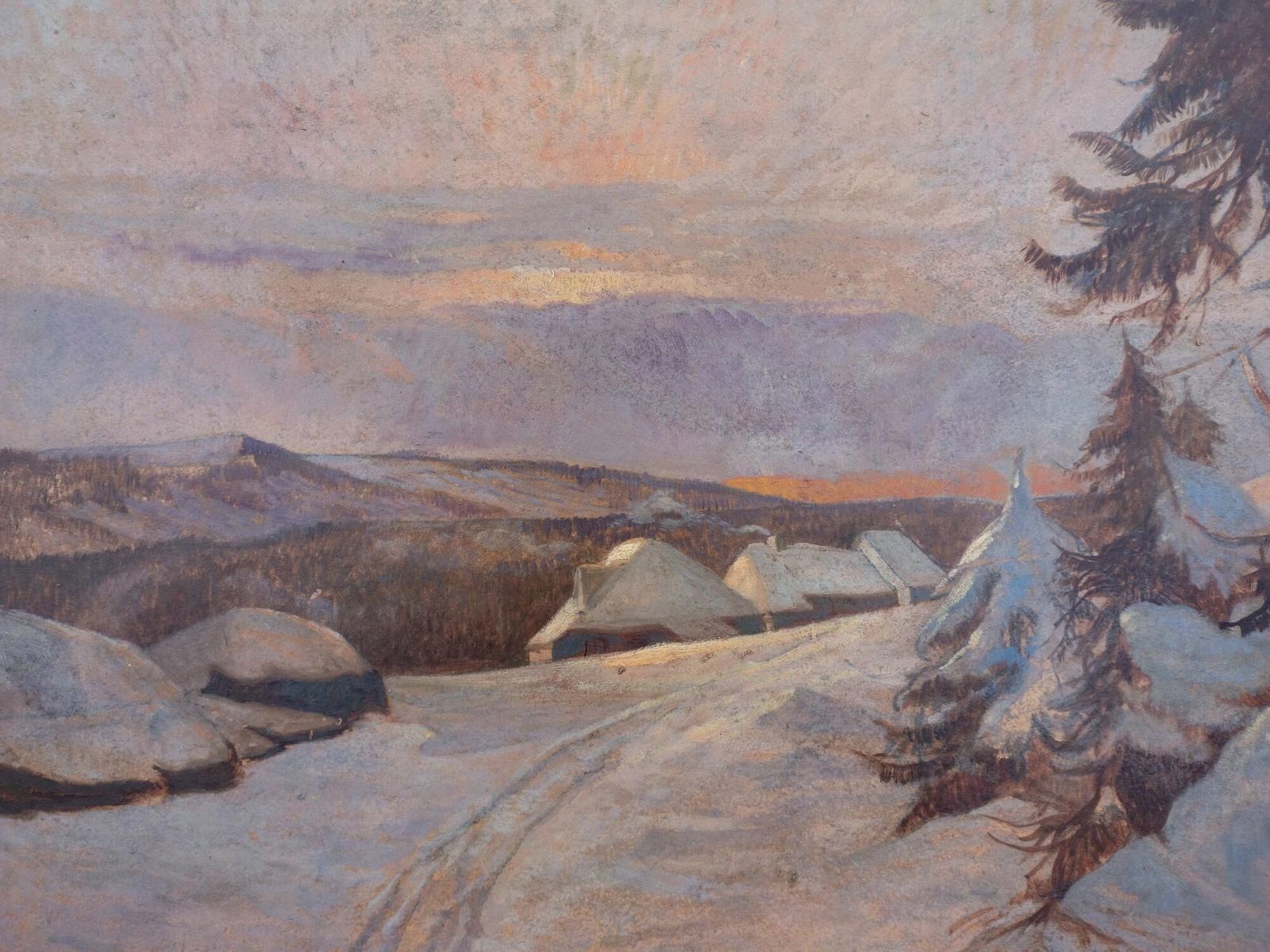 20th Century Oil Painting – Sunset On The Snow photo vinterior