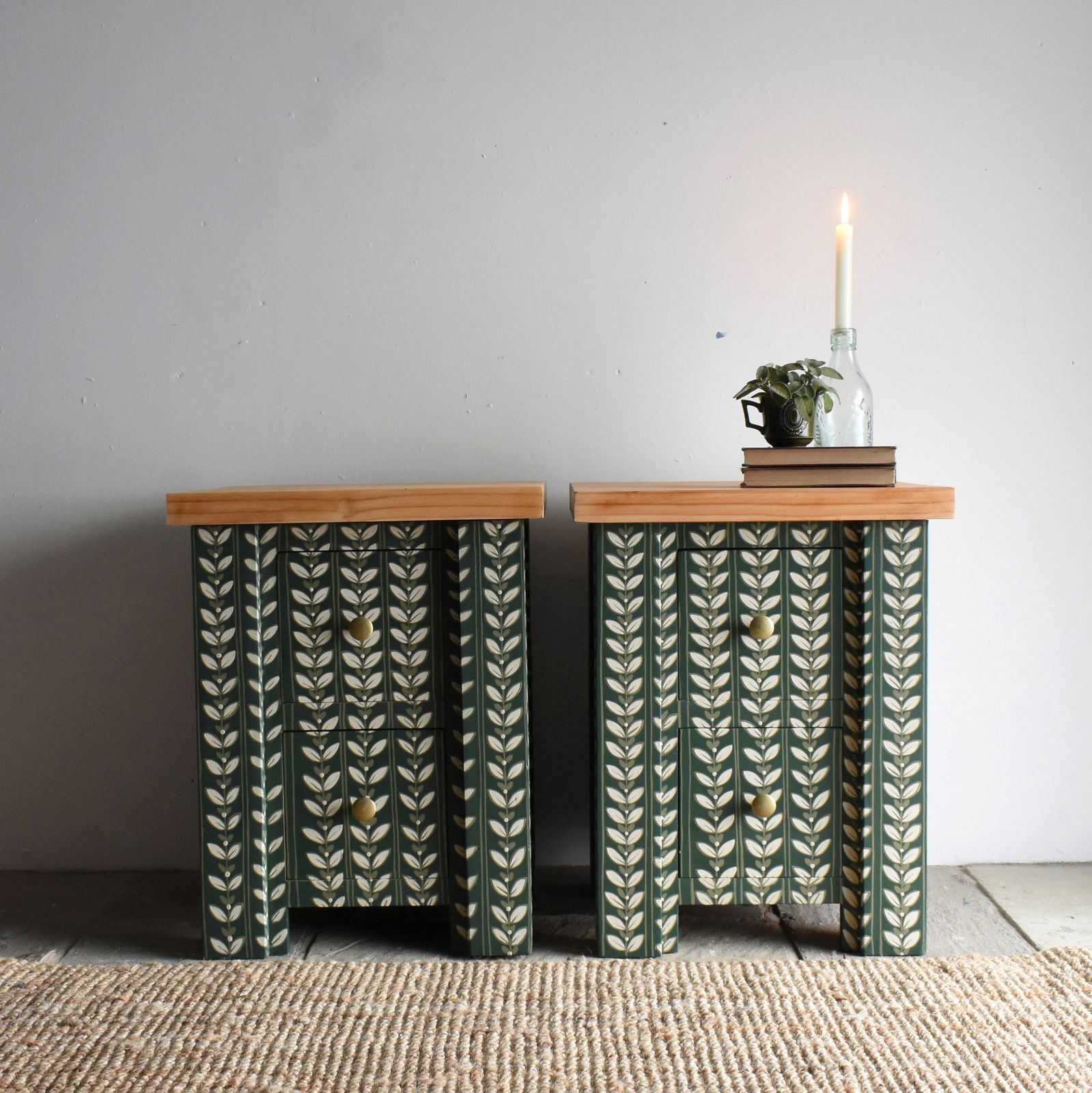 'Sage' Green Decorative Vintage Pine Pair Of Bedside Drawers