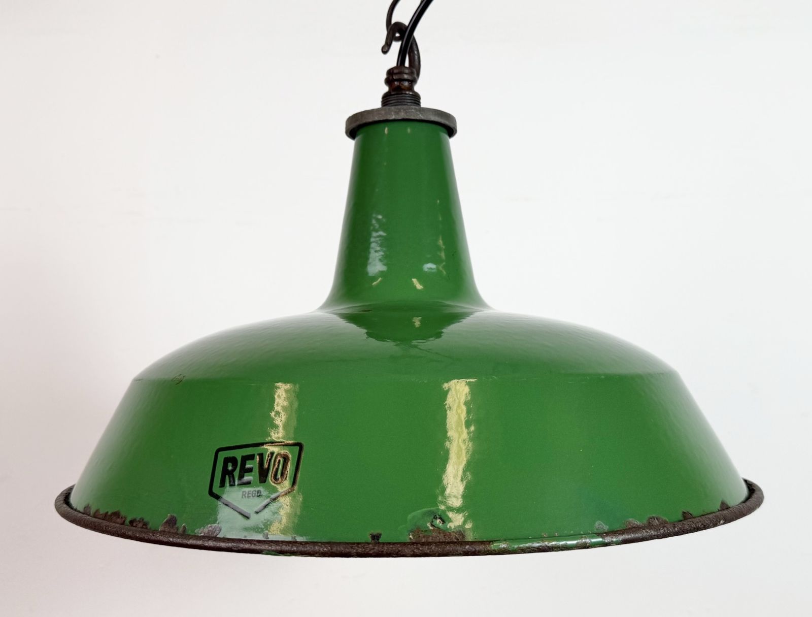 Industrial Green Enamel Factory Pendant Lamp From Revo, 1950s photo for sale