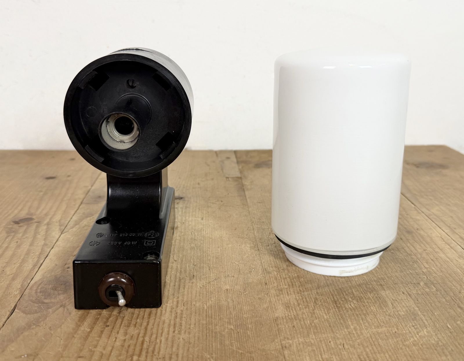 photo furniture Industrial Brown Bakelite Wall Light With Milk Glass, 1960s