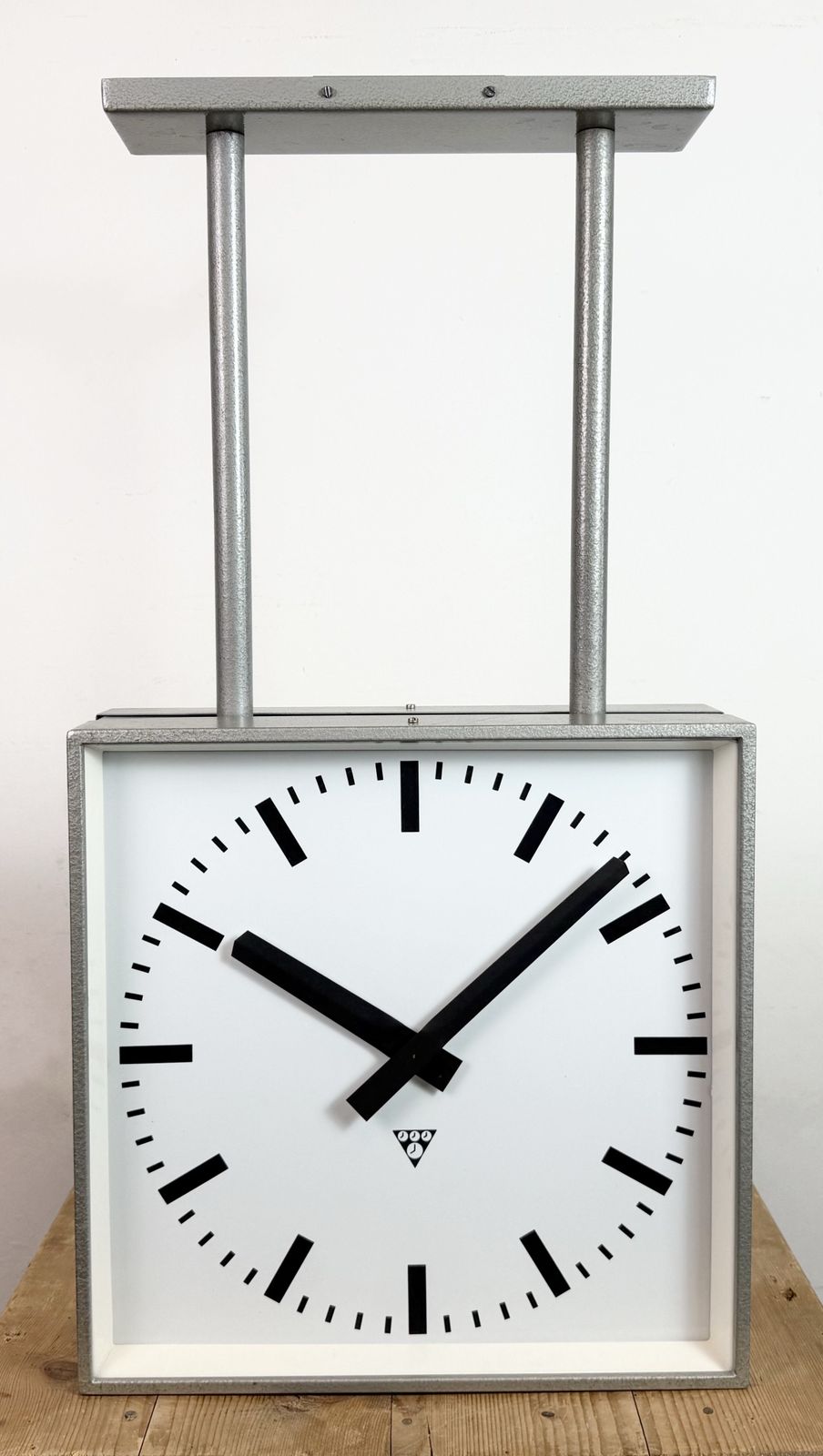 Large Square Industrial Double Sided Factory Clock From Pragotron, 1960s photo for sale
