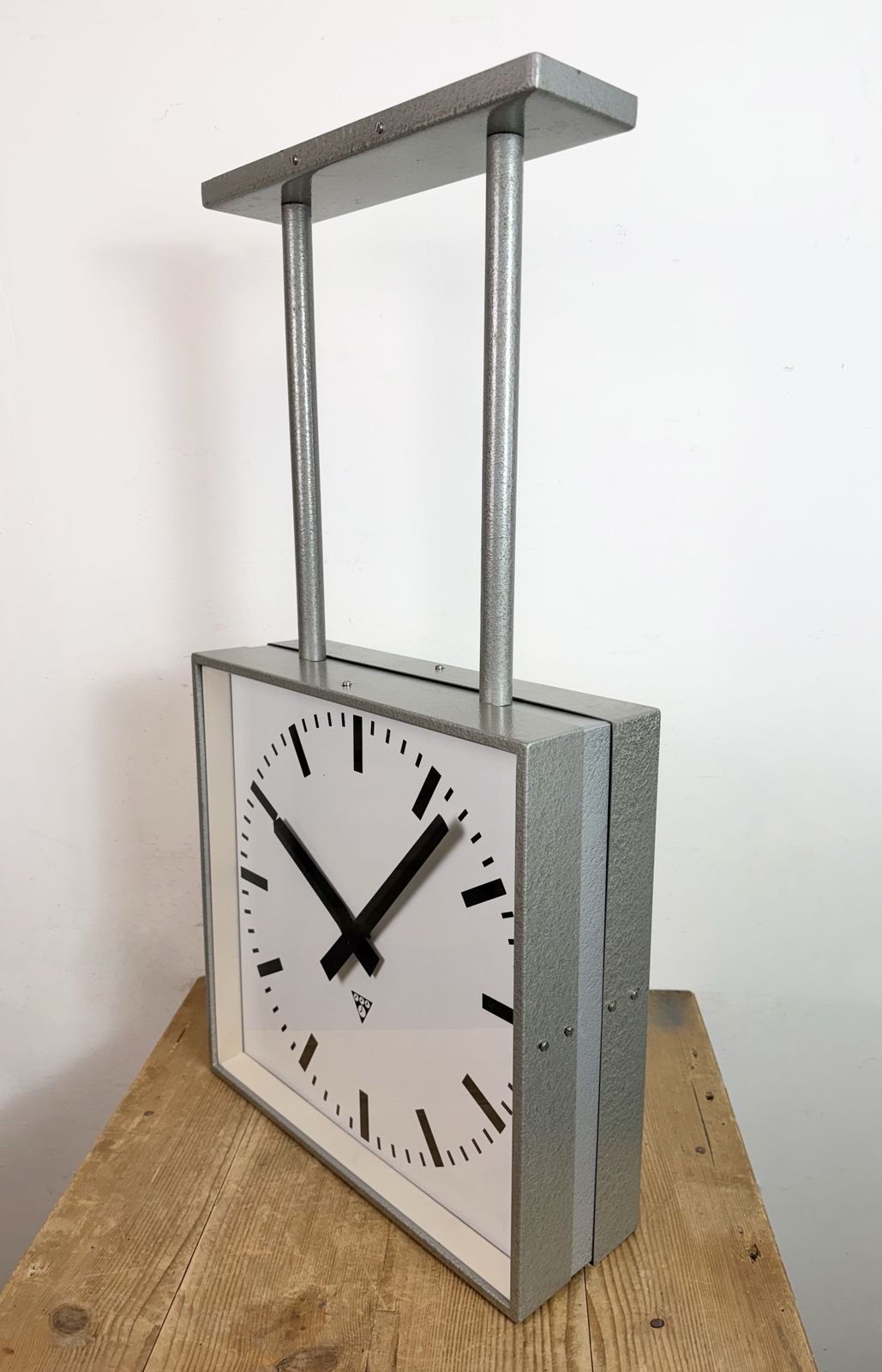 photo for sale Large Square Industrial Double Sided Factory Clock From Pragotron, 1960s