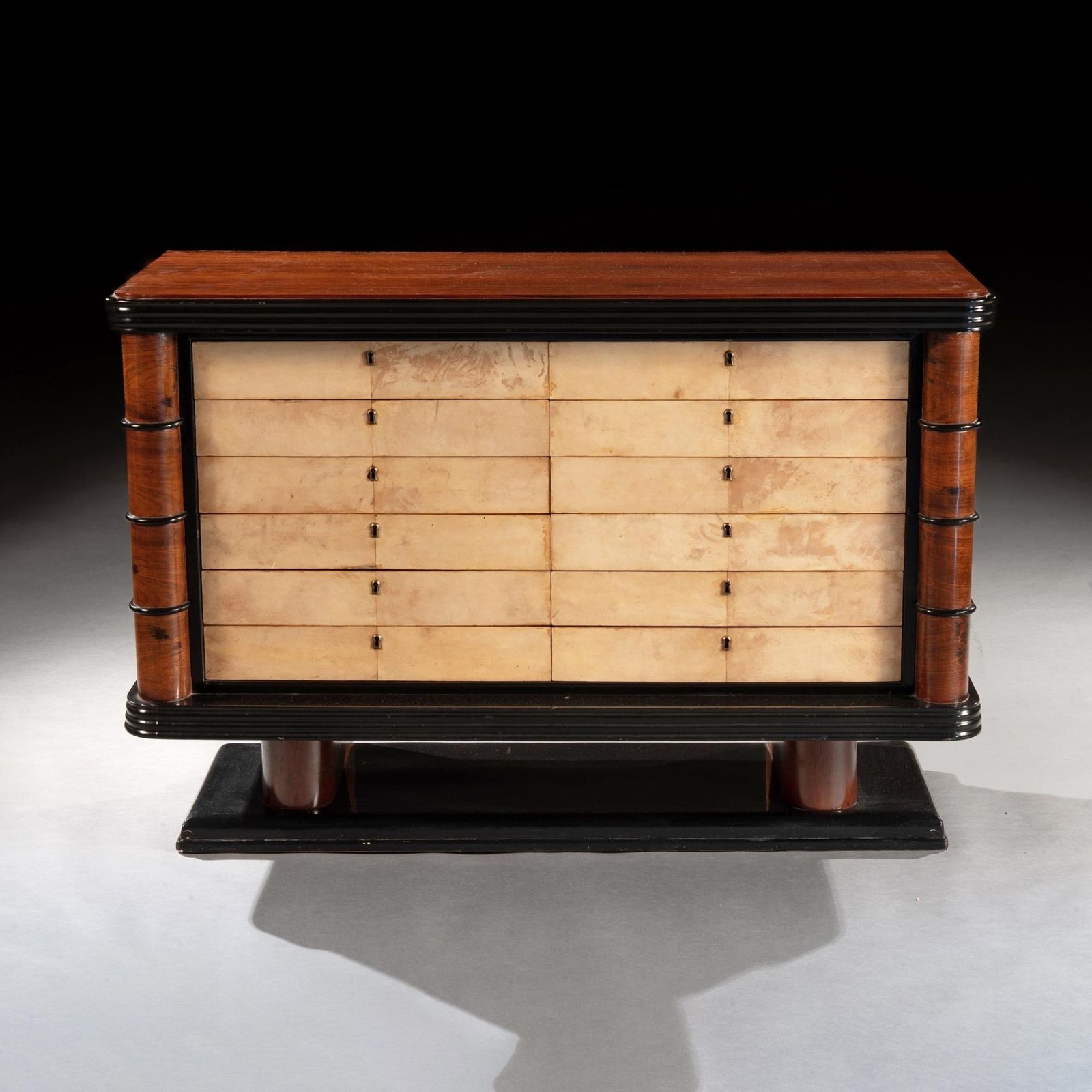 Art Deco Palisander Commode Of Unusual Form With Parchment Covered Drawers photo furniture