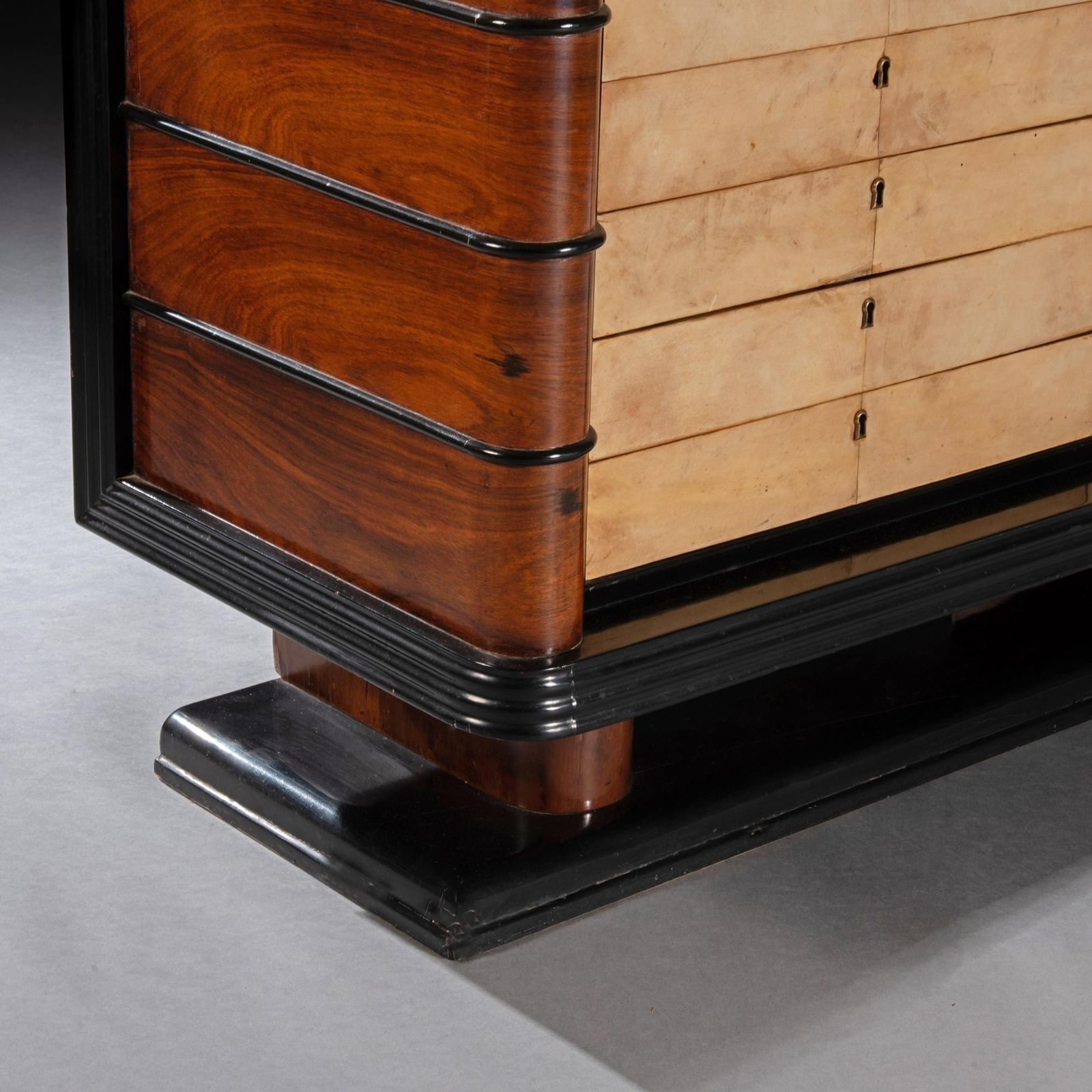 Art Deco Palisander Commode Of Unusual Form With Parchment Covered Drawers photo vinterior