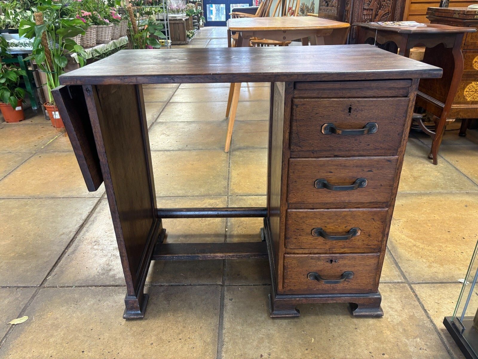 Antique 1920's Dark Oak Child's Desk With Lateral Wing & Drawers photo furniture