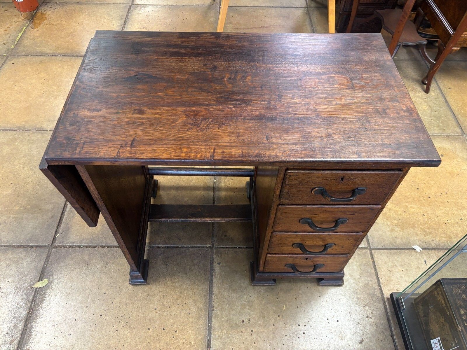 Antique 1920's Dark Oak Child's Desk With Lateral Wing & Drawers photo for sale