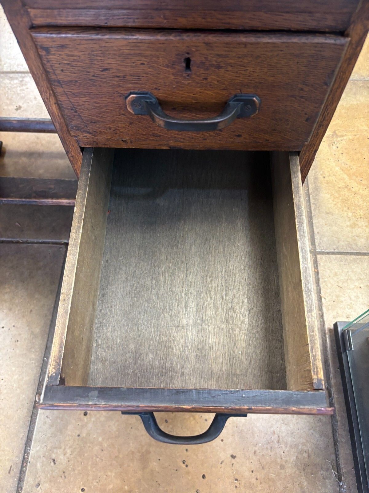 175.0 Antique 1920's Dark Oak Child's Desk With Lateral Wing & Drawers photo