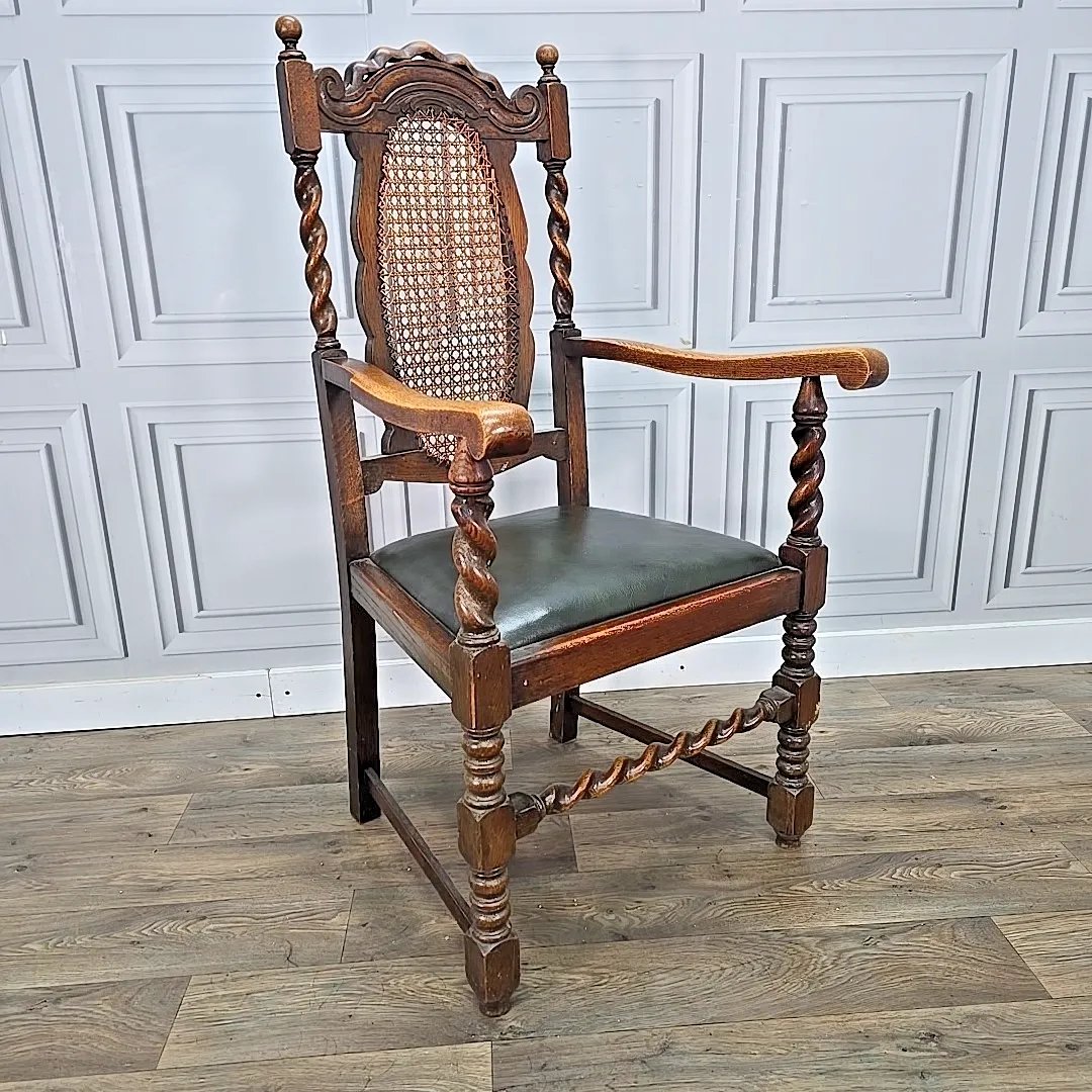 Antique Victorian Throne Chair   Oak Barley Twist Carved Armchair Cane   Leather