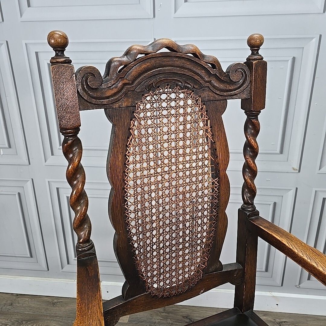 Antique Victorian Throne Chair   Oak Barley Twist Carved Armchair Cane   Leather photo for sale