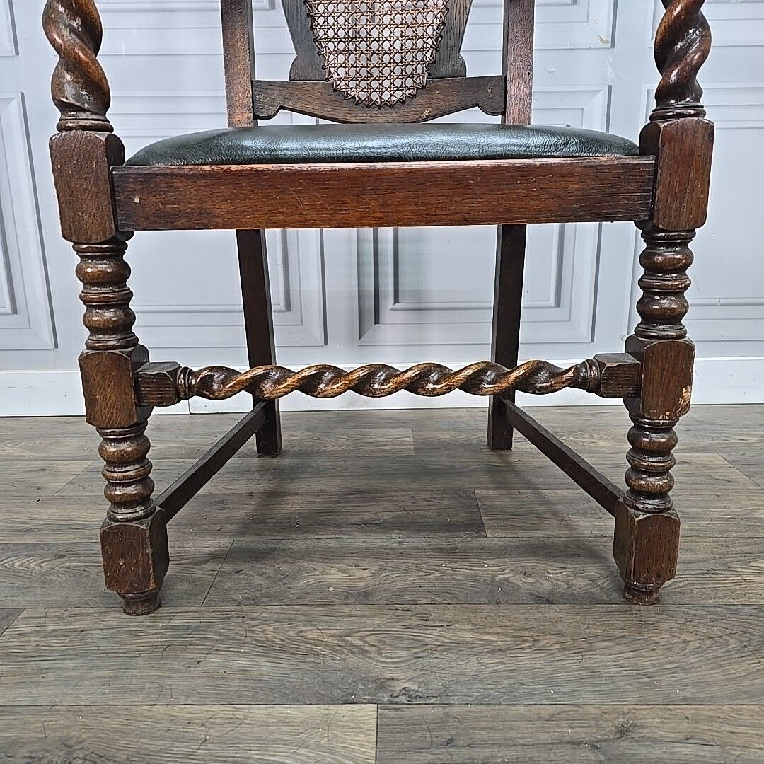 Antique Victorian Throne Chair   Oak Barley Twist Carved Armchair Cane   Leather photo buy