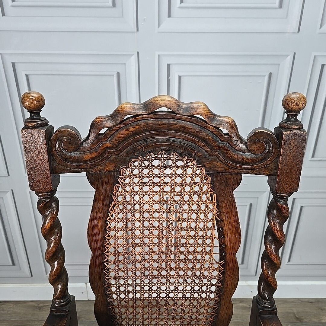 230.0 Antique Victorian Throne Chair   Oak Barley Twist Carved Armchair Cane   Leather photo