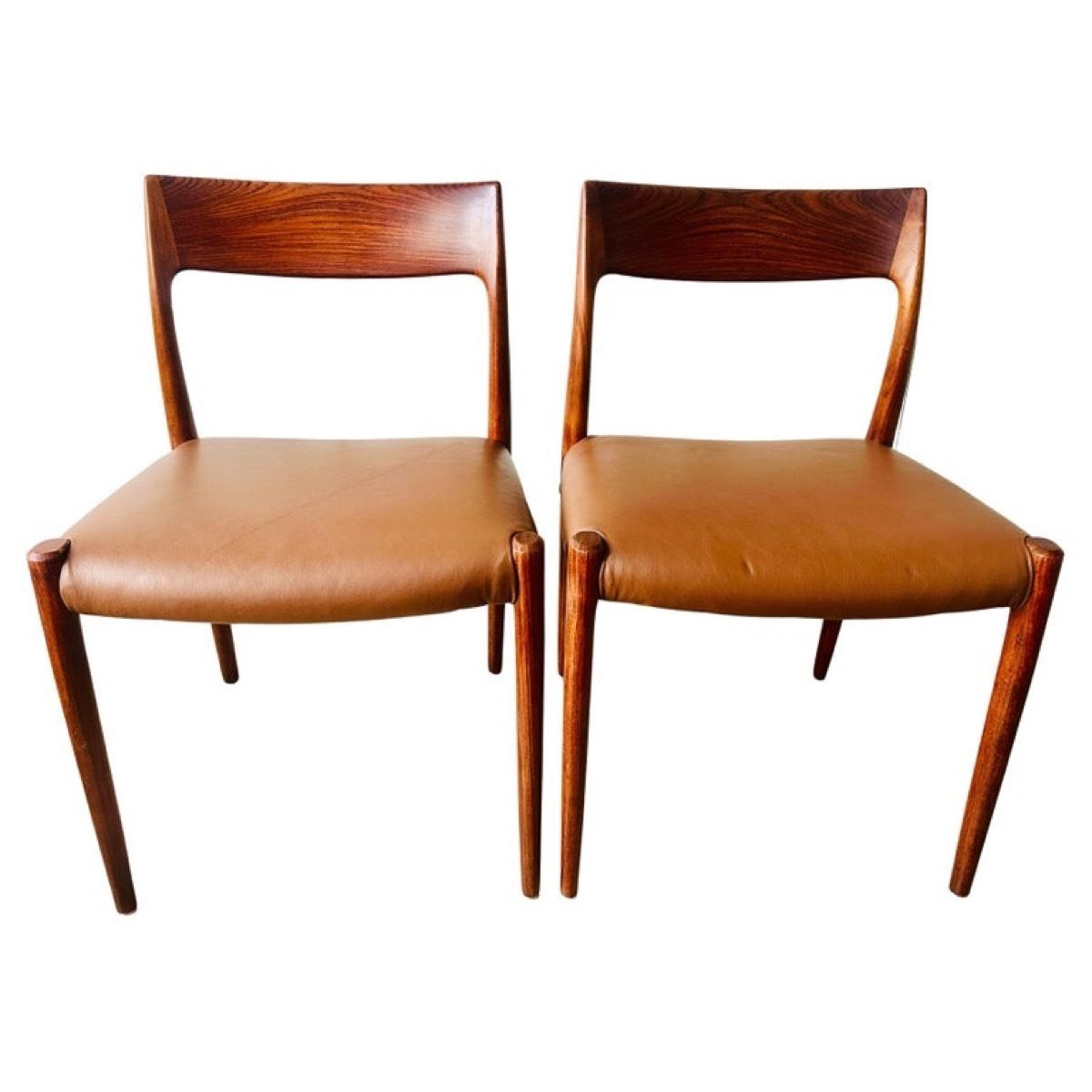 Pair Of Mid Century 1960s Danish Rosewood & Brown Leather Niels Møller For J.L. Møllers Møbelfabrik Model 77 Dining Chairs