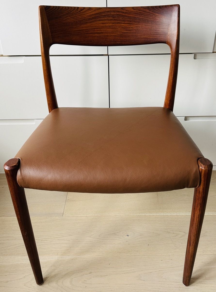 Pair Of Mid Century 1960s Danish Rosewood & Brown Leather Niels Møller For J.L. Møllers Møbelfabrik Model 77 Dining Chairs photo vintage