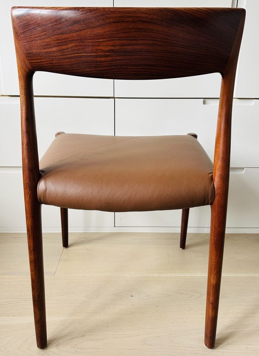 Furniture Pair Of Mid Century 1960s Danish Rosewood & Brown Leather Niels Møller For J.L. Møllers Møbelfabrik Model 77 Dining Chairs photo