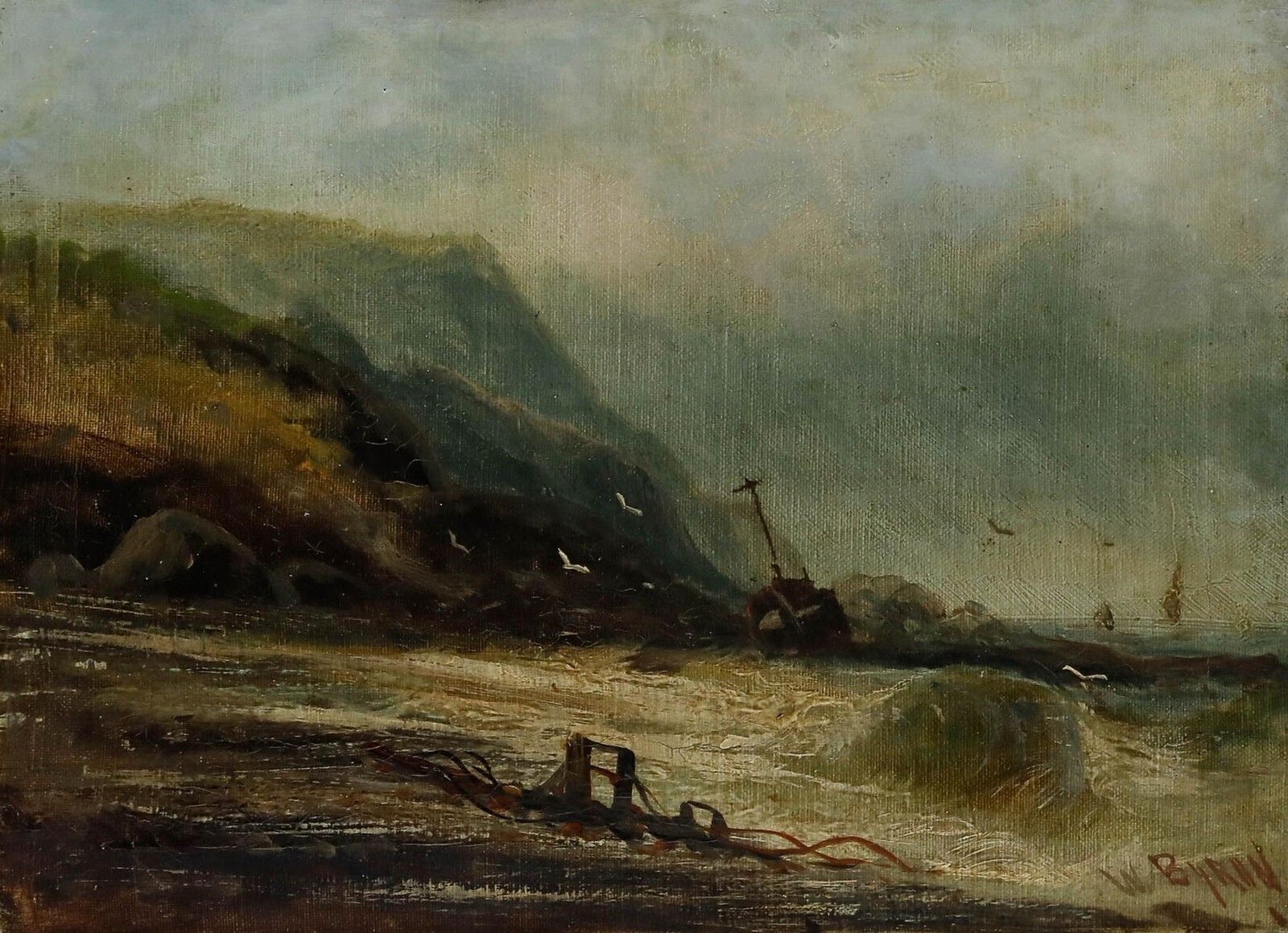 W. Byron (1860 1920)   Late 19th Century Oil, Shipwreck Under The Cliffs photo furniture
