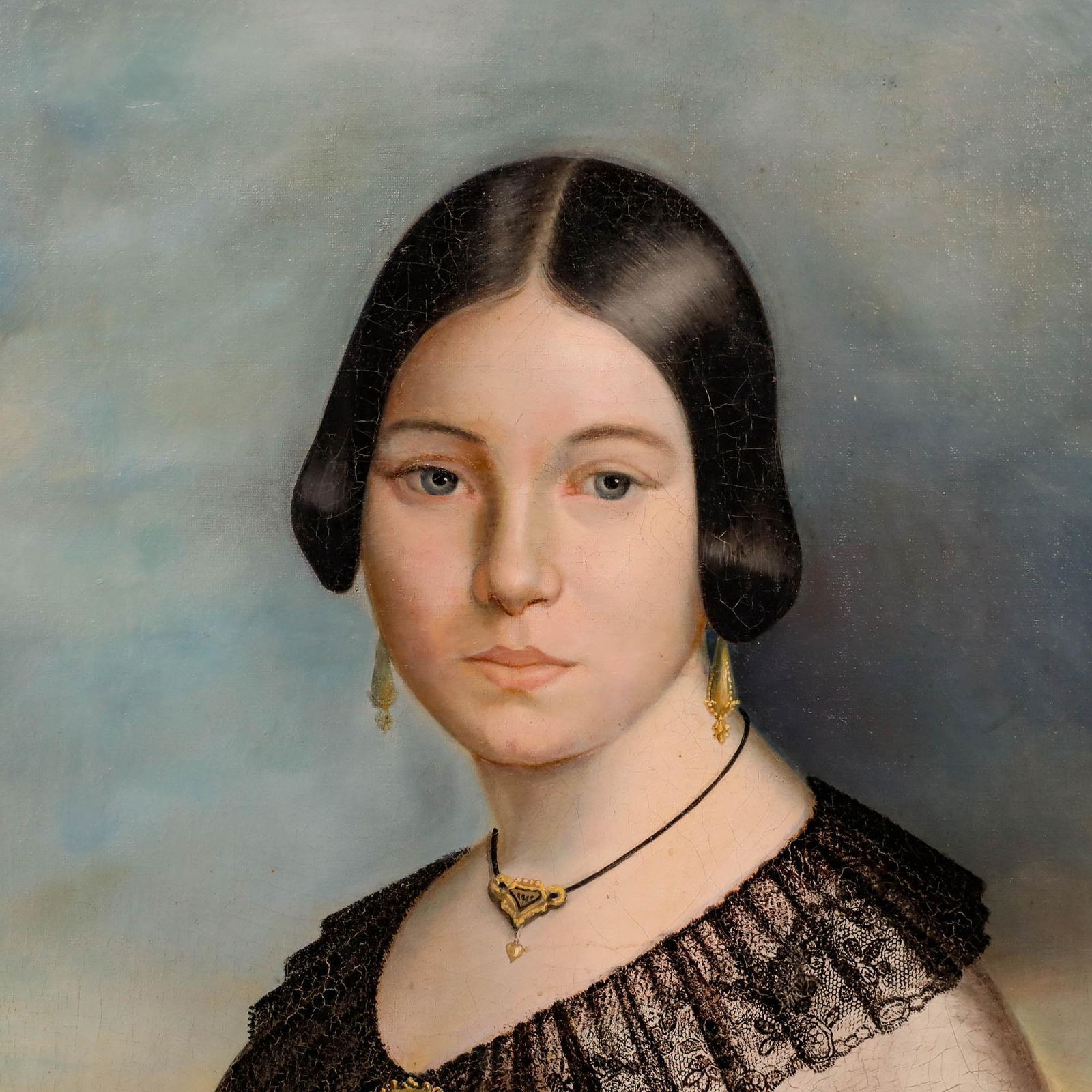 Biedermeier Early 19th Century Oil   Lady In Silver photo Art