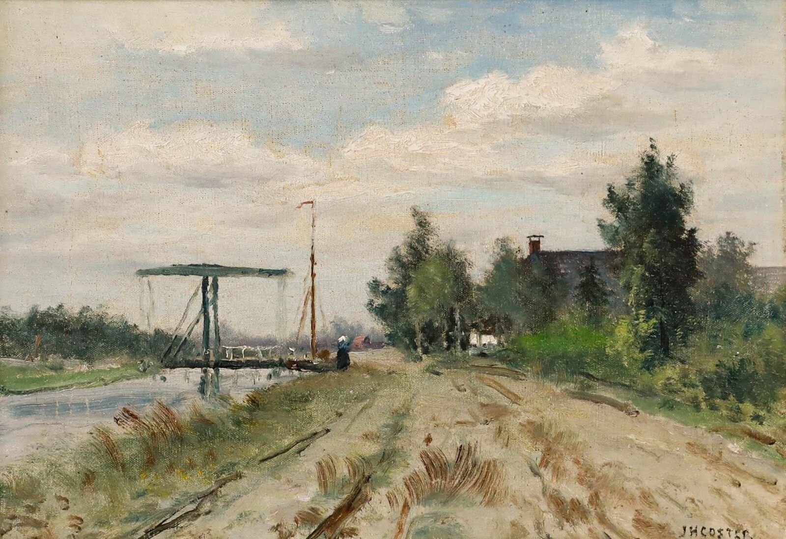 Jan Herman Coster (1846 1920)   Framed Oil, Dutch Landscape With A Drawbridge photo furniture