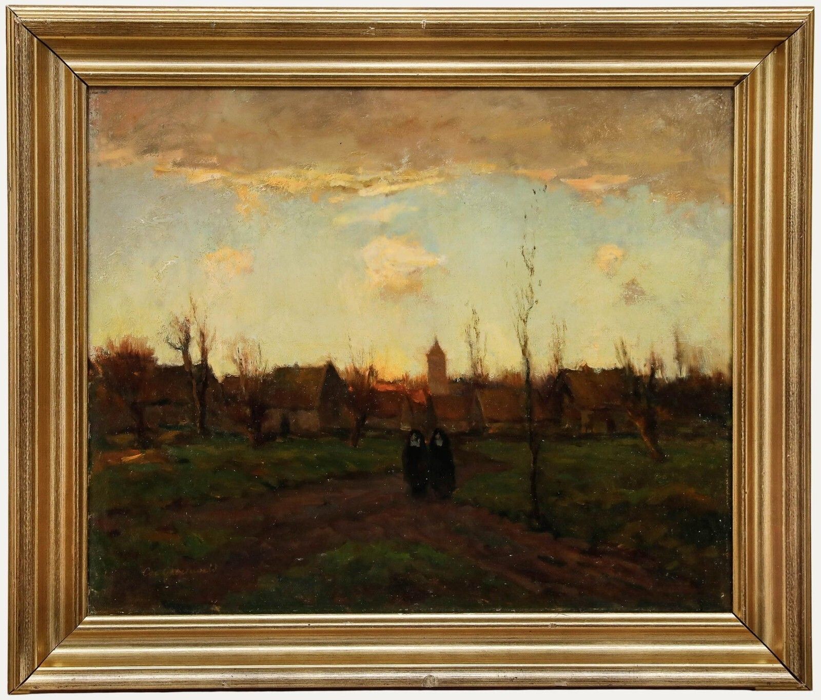Cornelis Groeneveld (1882 1952)   Early 20th Century Oil, Nuns Walking At Dusk