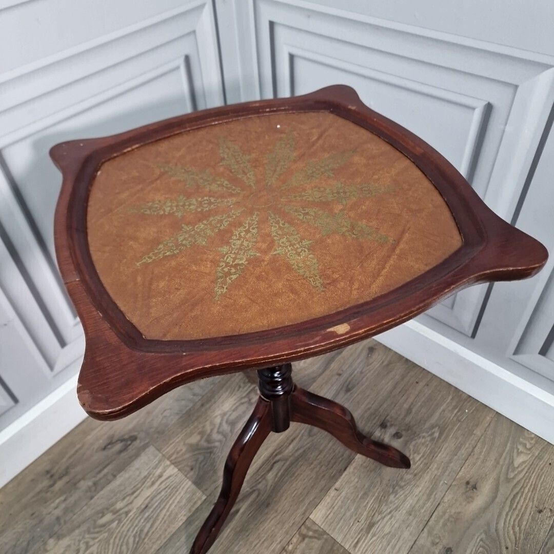 photo furniture Antique Wine Table   Turned Pedestal Tripod Leather Top Plant Stand   Vintage