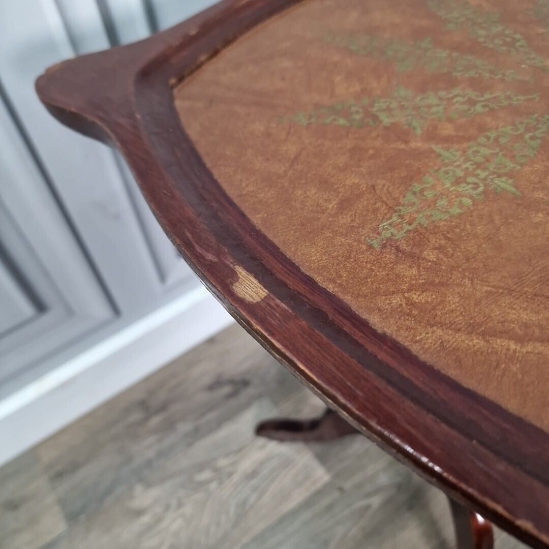 55.0 Antique Wine Table   Turned Pedestal Tripod Leather Top Plant Stand   Vintage photo
