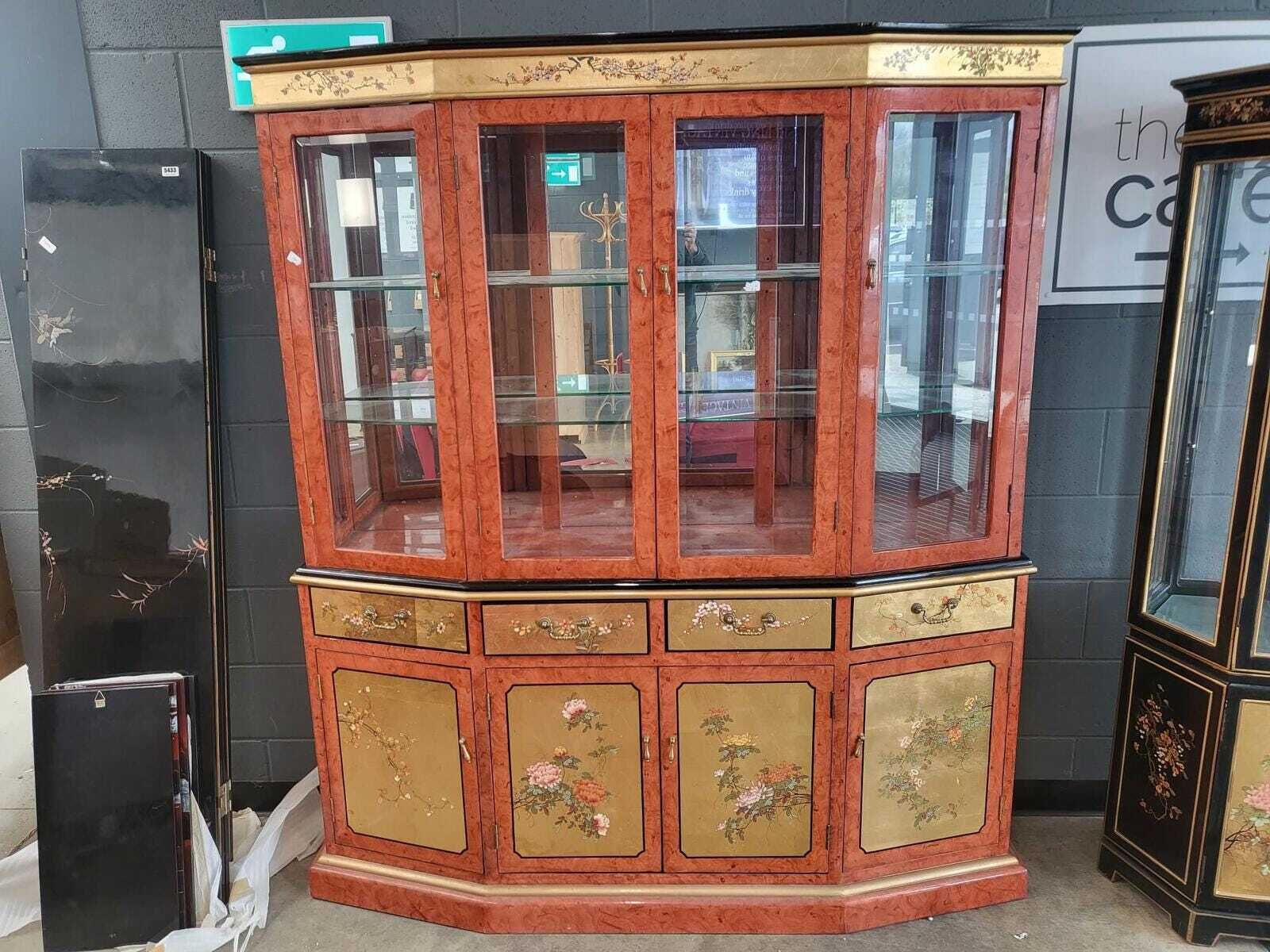 Chinese Ornate Glazed Curved Bookcase Display Cabinet Drawers