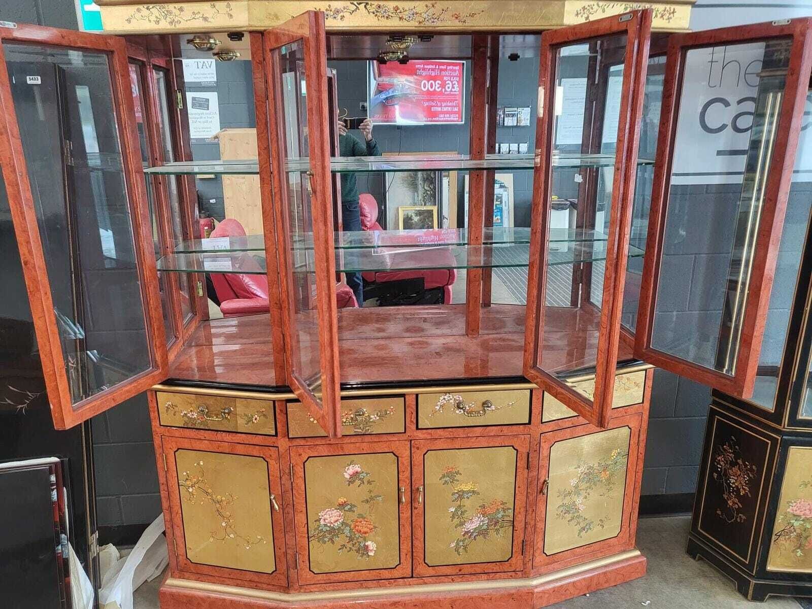 photo vintage Chinese Ornate Glazed Curved Bookcase Display Cabinet Drawers