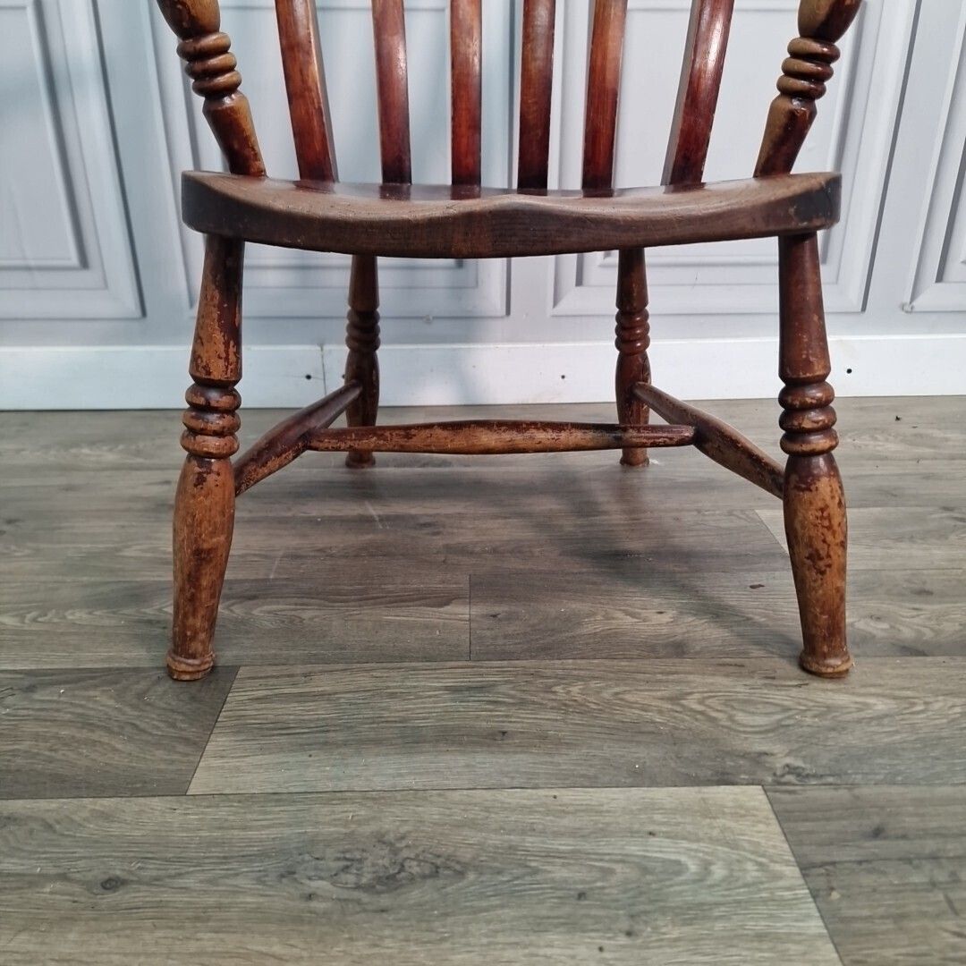Antique Lath Back Chair Wood Elm & Beech Country High Slat 19th Century Armchair photo buy